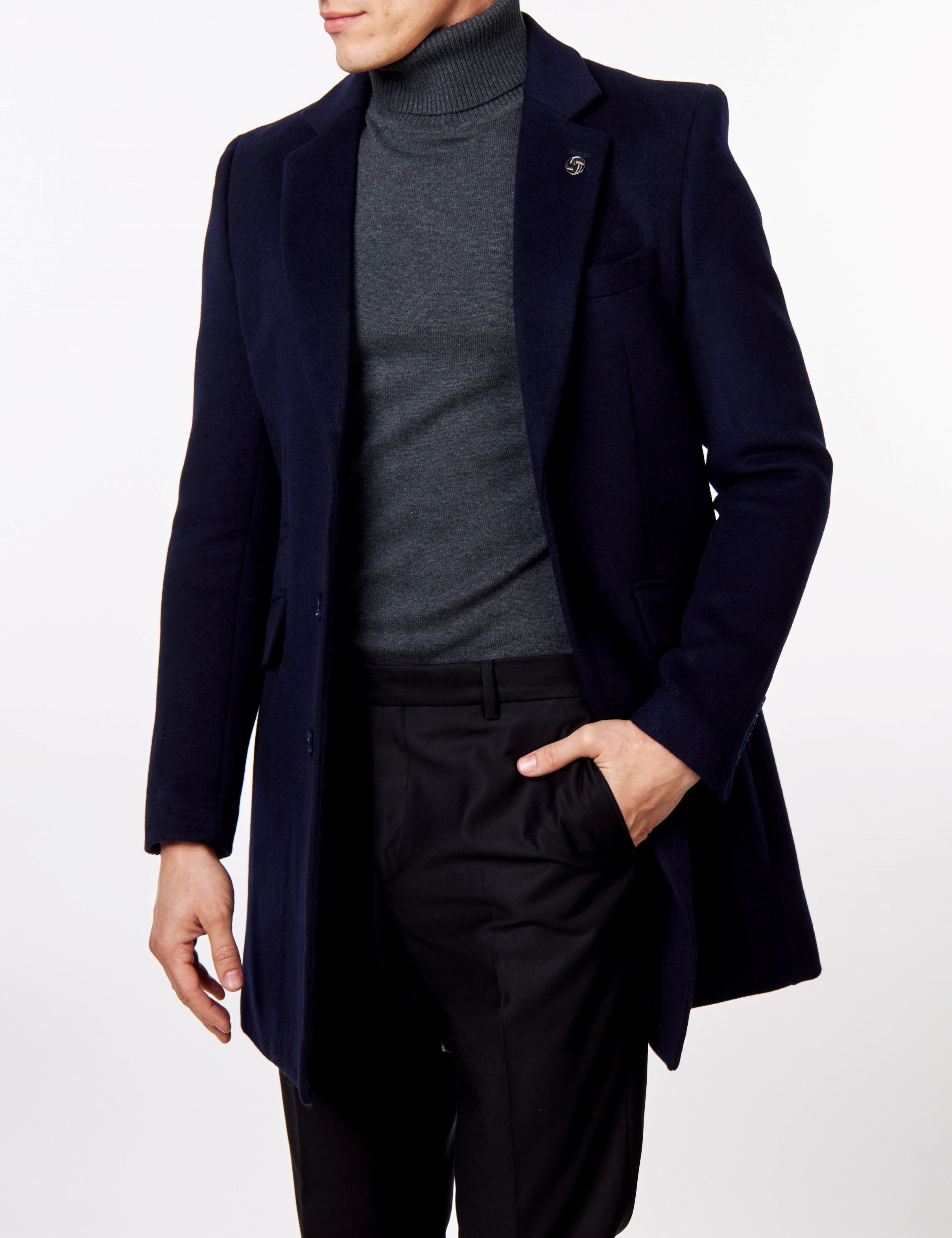 XPOSED XPOSED Men's NATE Wool Blend Long Overcoat - Timeless Elegant Outerwear in Navy - 1