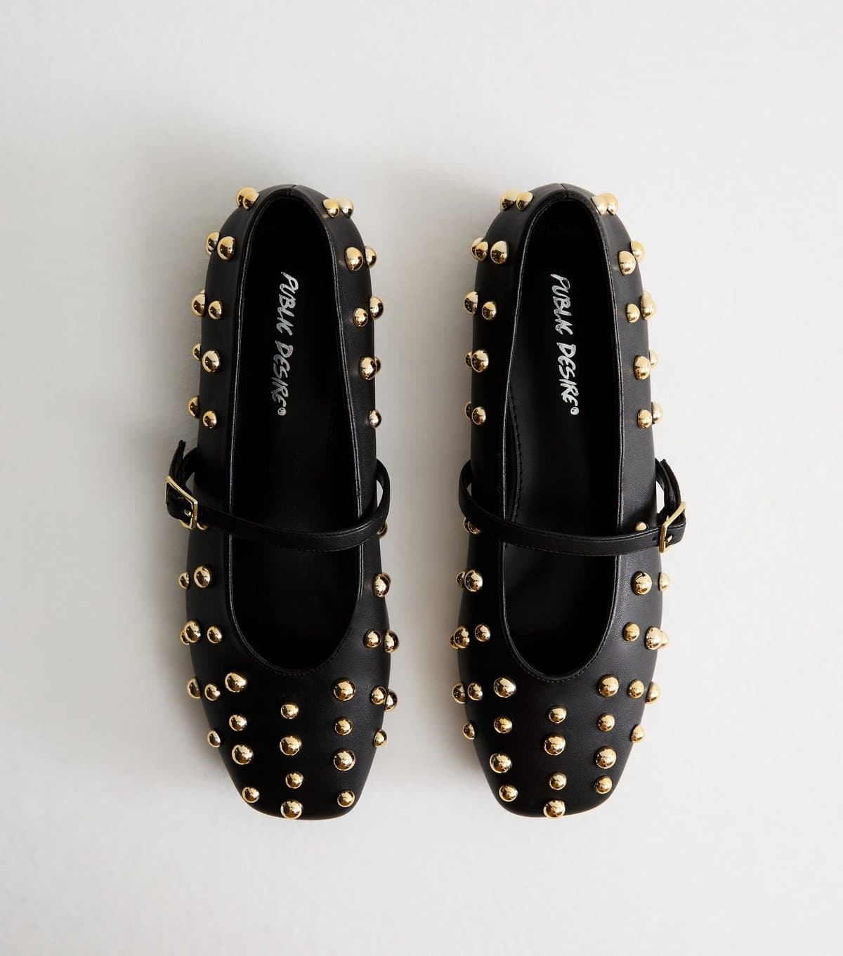 Public Desire Women's Black Elsie Faux Leather Studded Mary Jane Flats Public Desire New Look