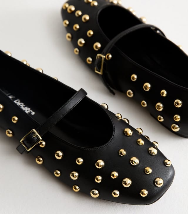 Public Desire Women's Black Elsie Faux Leather Studded Mary Jane Flats Public Desire New Look - 3