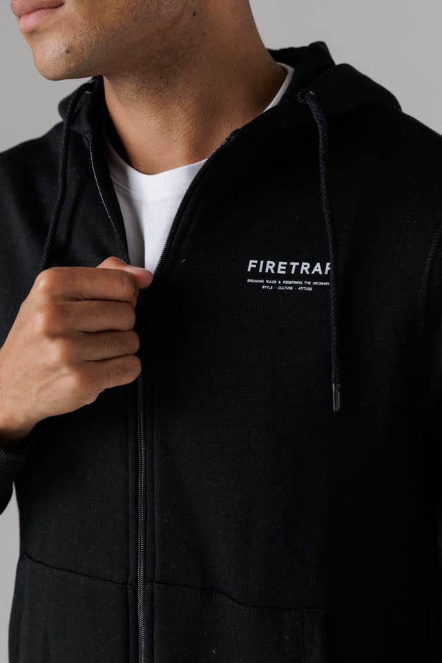 Firetrap Firetrap Men's Regular Fit Zip Through Fleece Hoody with Drawstrings in Black - 3