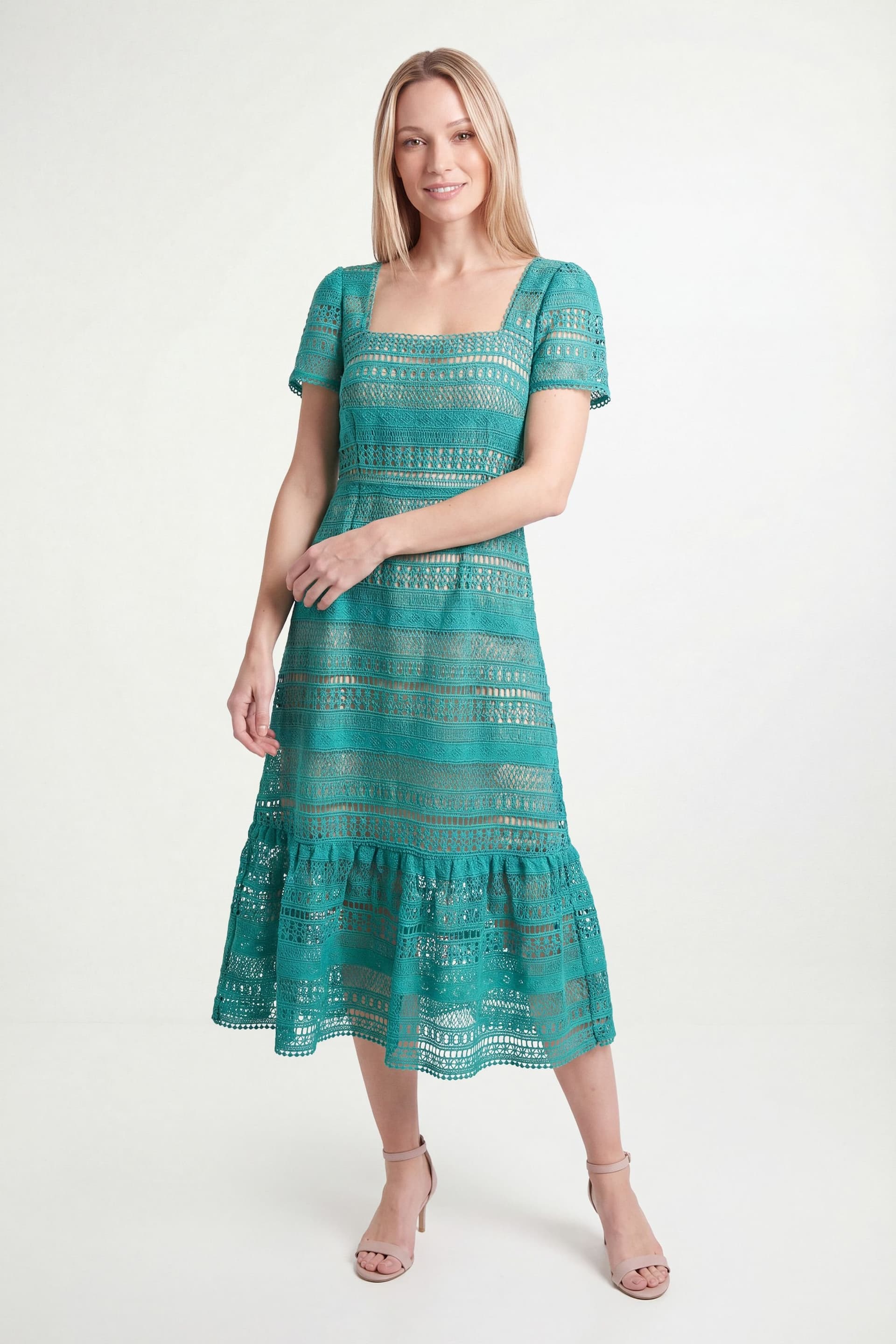 Wallis Wallis Women's Petite Lace Fit & Flare Midi Dress in Green