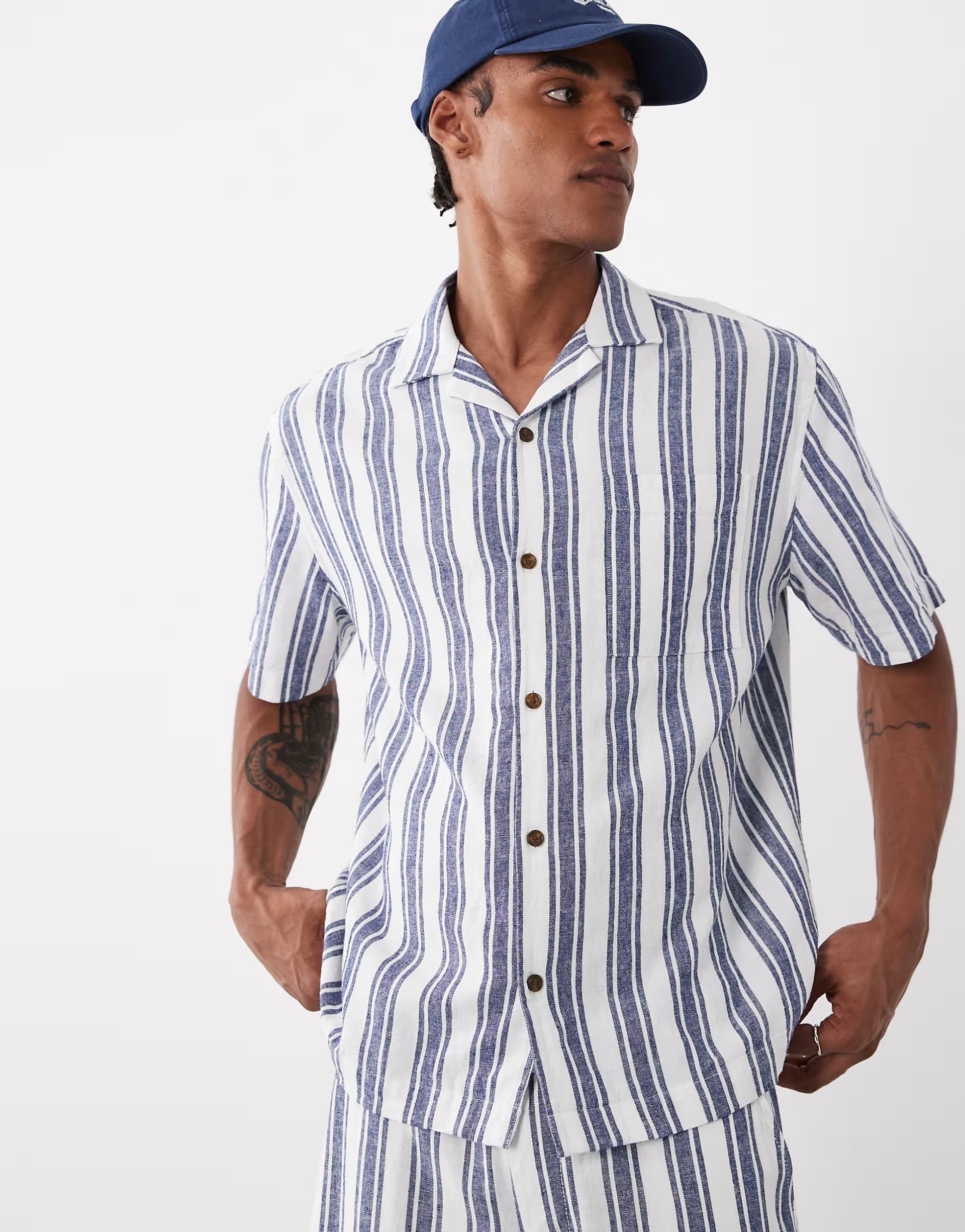 ASOS ASOS DESIGN co-ord relaxed linen blend stripe shirt in navy and white