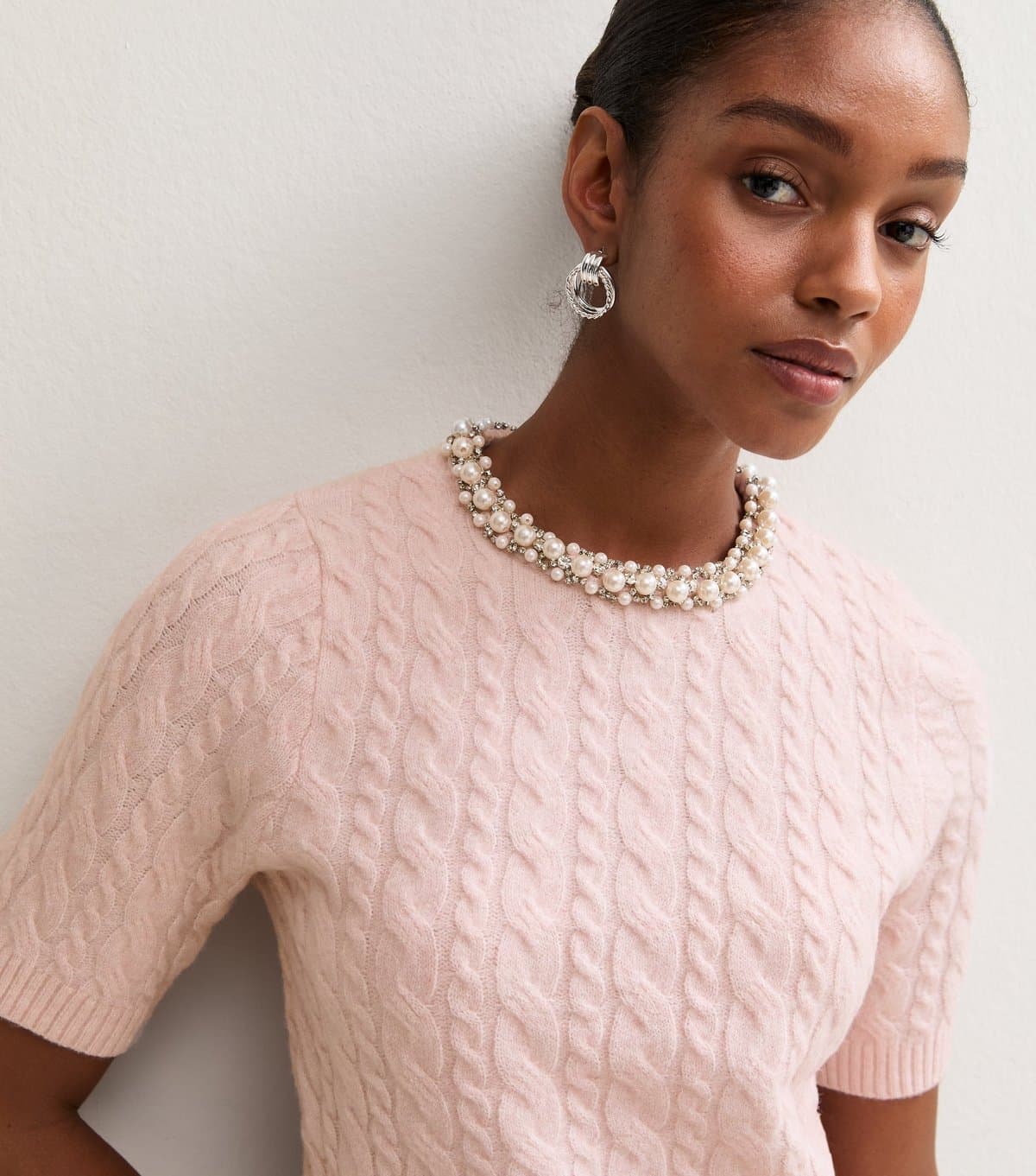 New Look Women's Light Pink Cable Knit Embellished Necklace Short Sleeve Top New Look