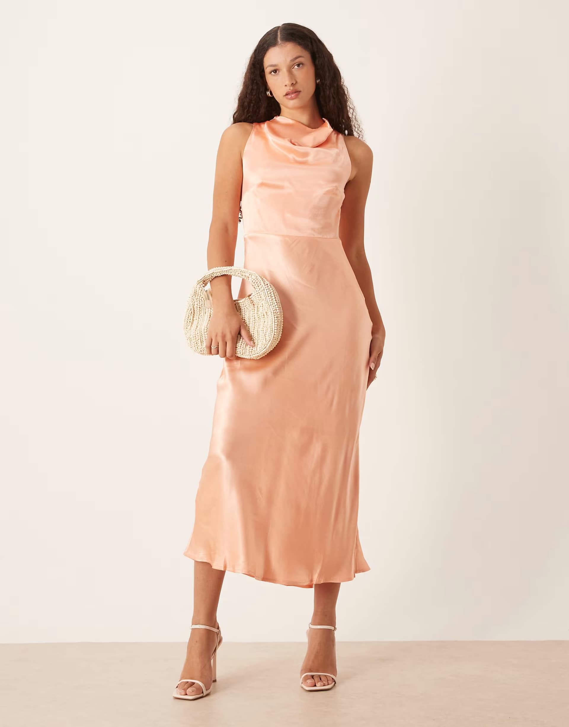 ASOS Nobody's Child Frances satin high neck drape detail midi dress in pale orange