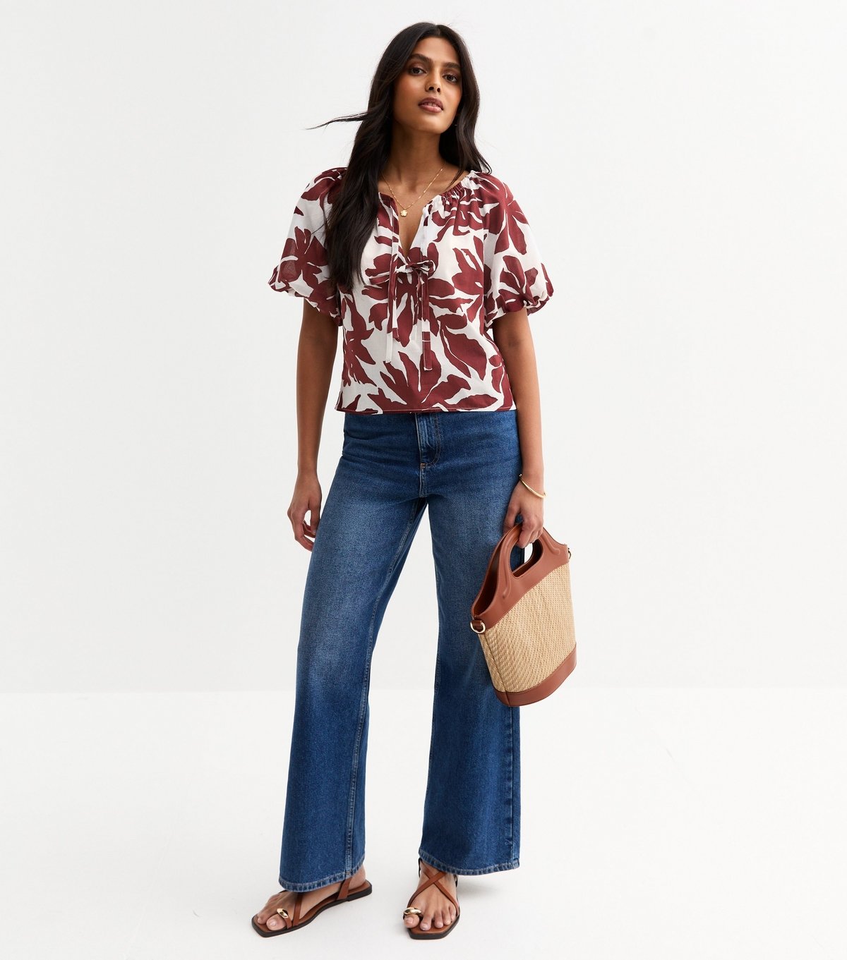 New Look Women's White Printed Tie Front Puff Sleeve Top New Look - 3