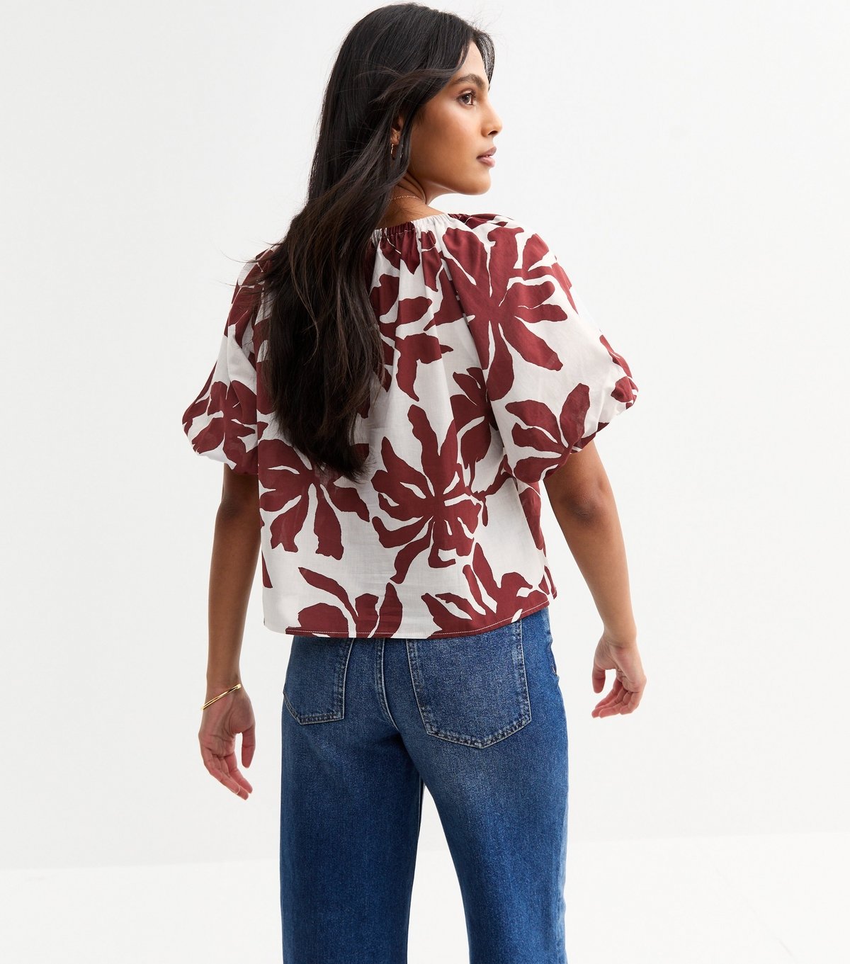 New Look Women's White Printed Tie Front Puff Sleeve Top New Look - 4