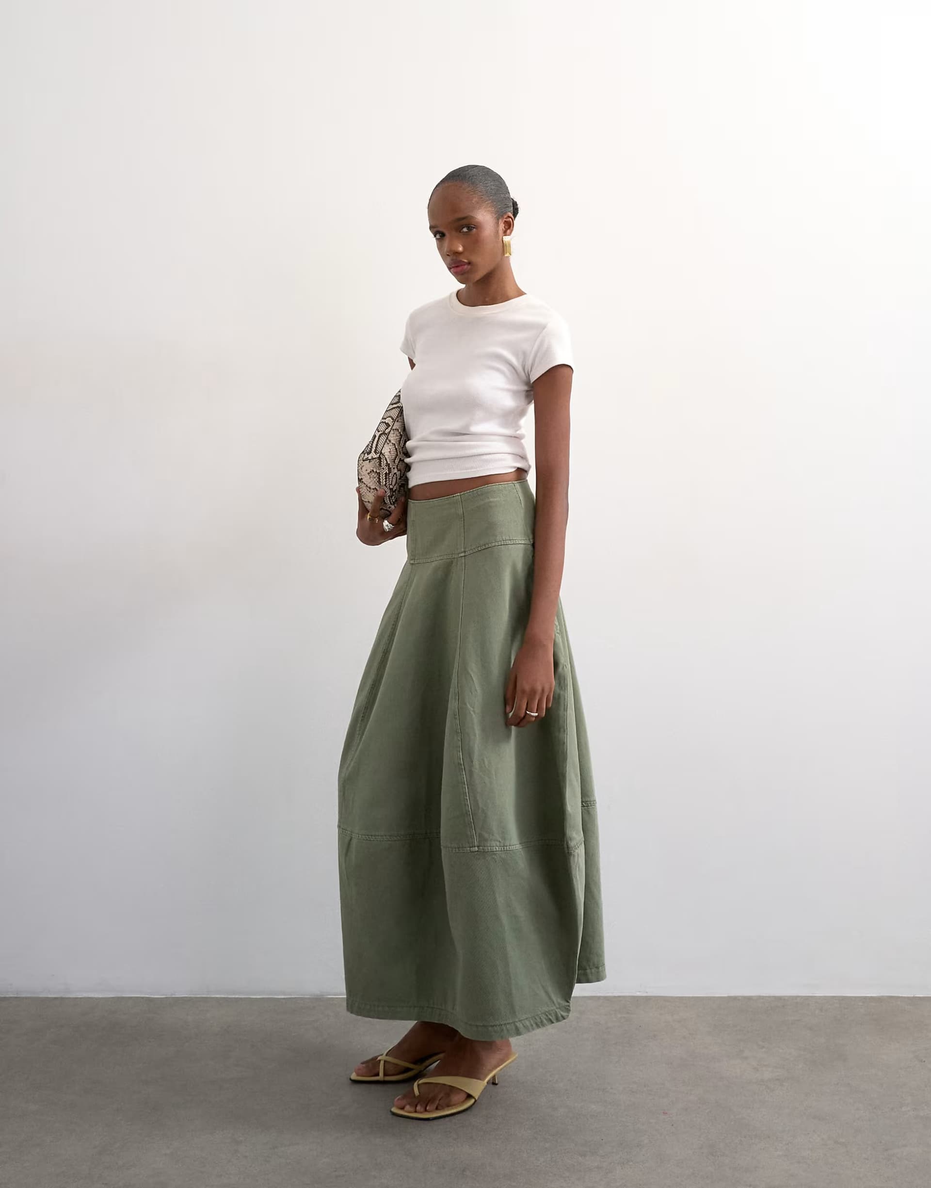 ASOS Topshop denim seamed barrel maxi skirt in khaki