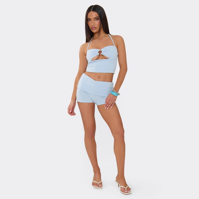 EGO Fold Over Waistband Shorts In Blue Stripe, Women's Size UK 6 - 1