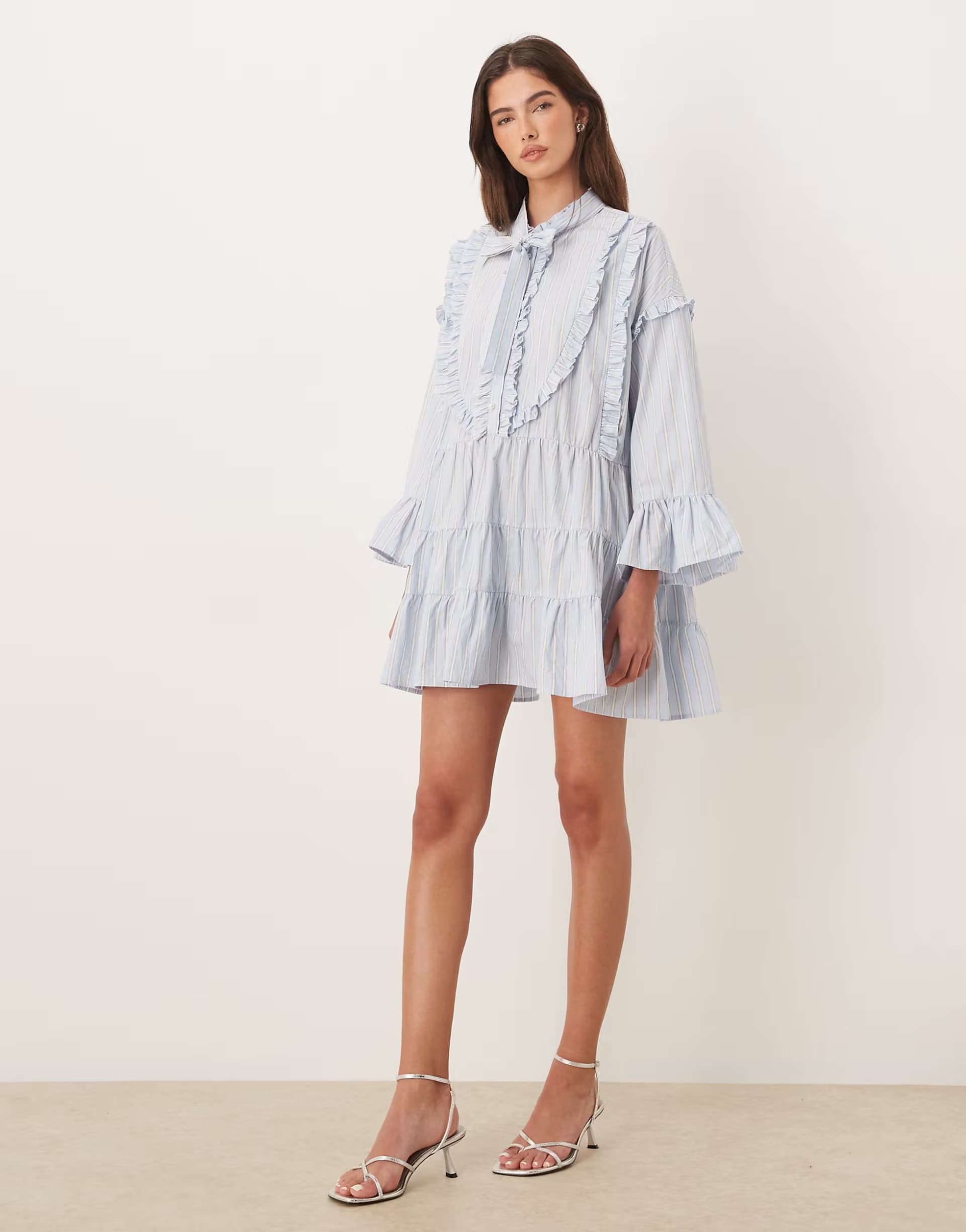 ASOS Sister Jane pure cotton pinstripe pussybow bell sleeve mini dress in blue