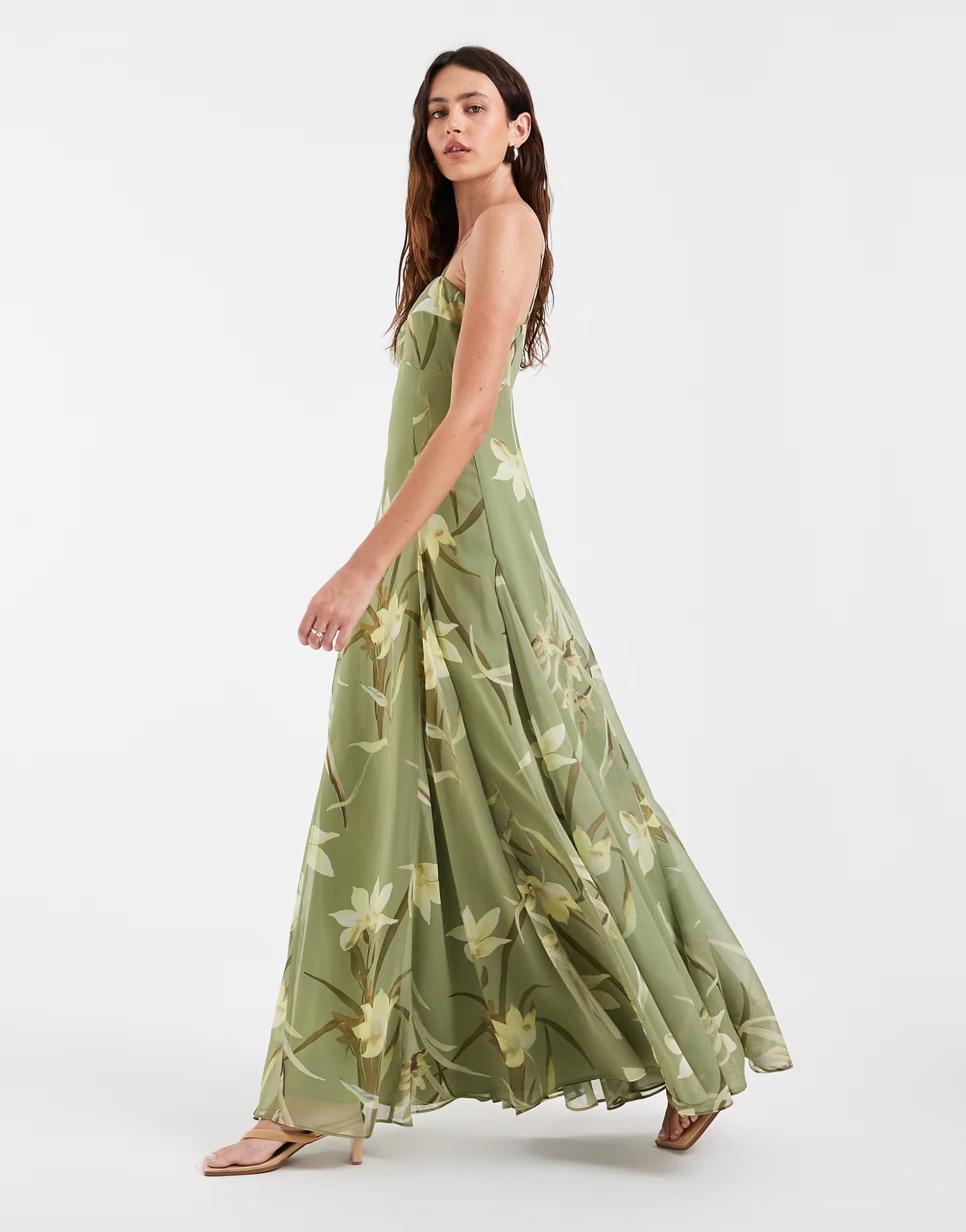 ASOS ASOS DESIGN chiffon strappy maxi dress with deep godets in green floral