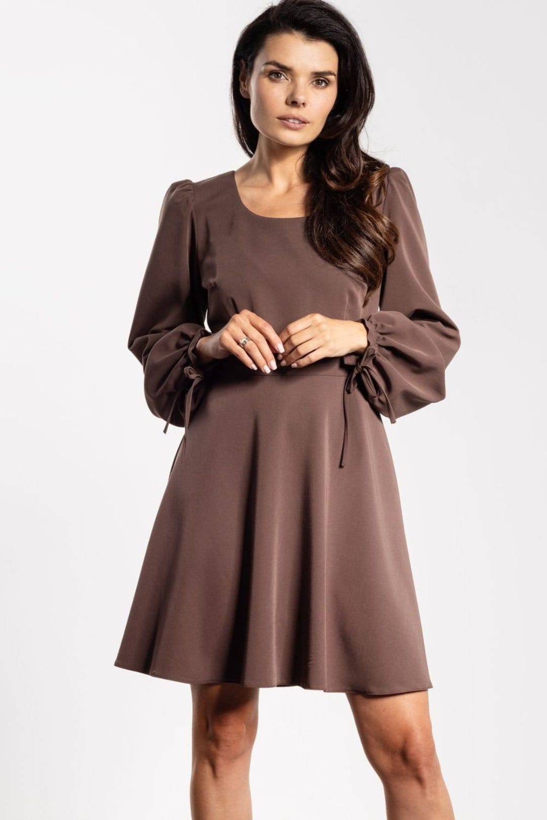 Love Lace Brown Flared Mini Dress with Tie Puff Sleeves