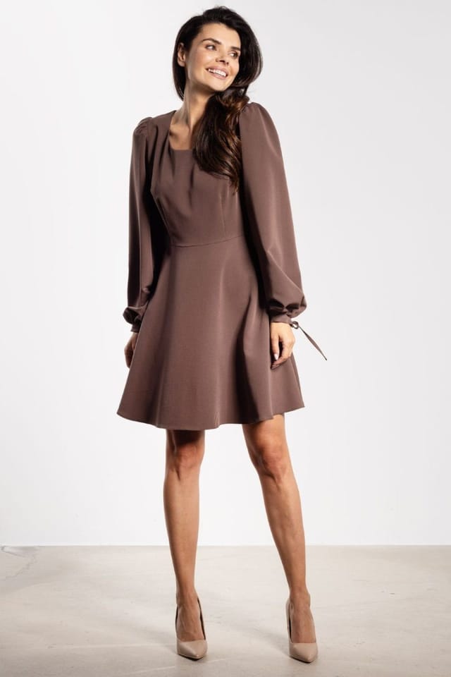 Love Lace Love Lace Women's Flared Mini Dress with Tie Puff Sleeves in Brown - 2