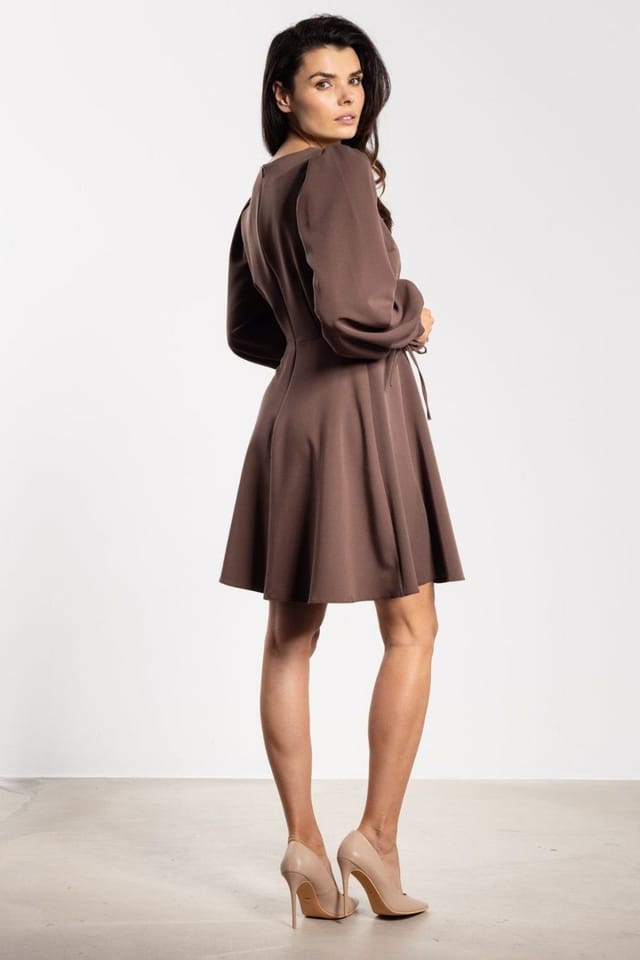 Love Lace Love Lace Women's Flared Mini Dress with Tie Puff Sleeves in Brown - 3