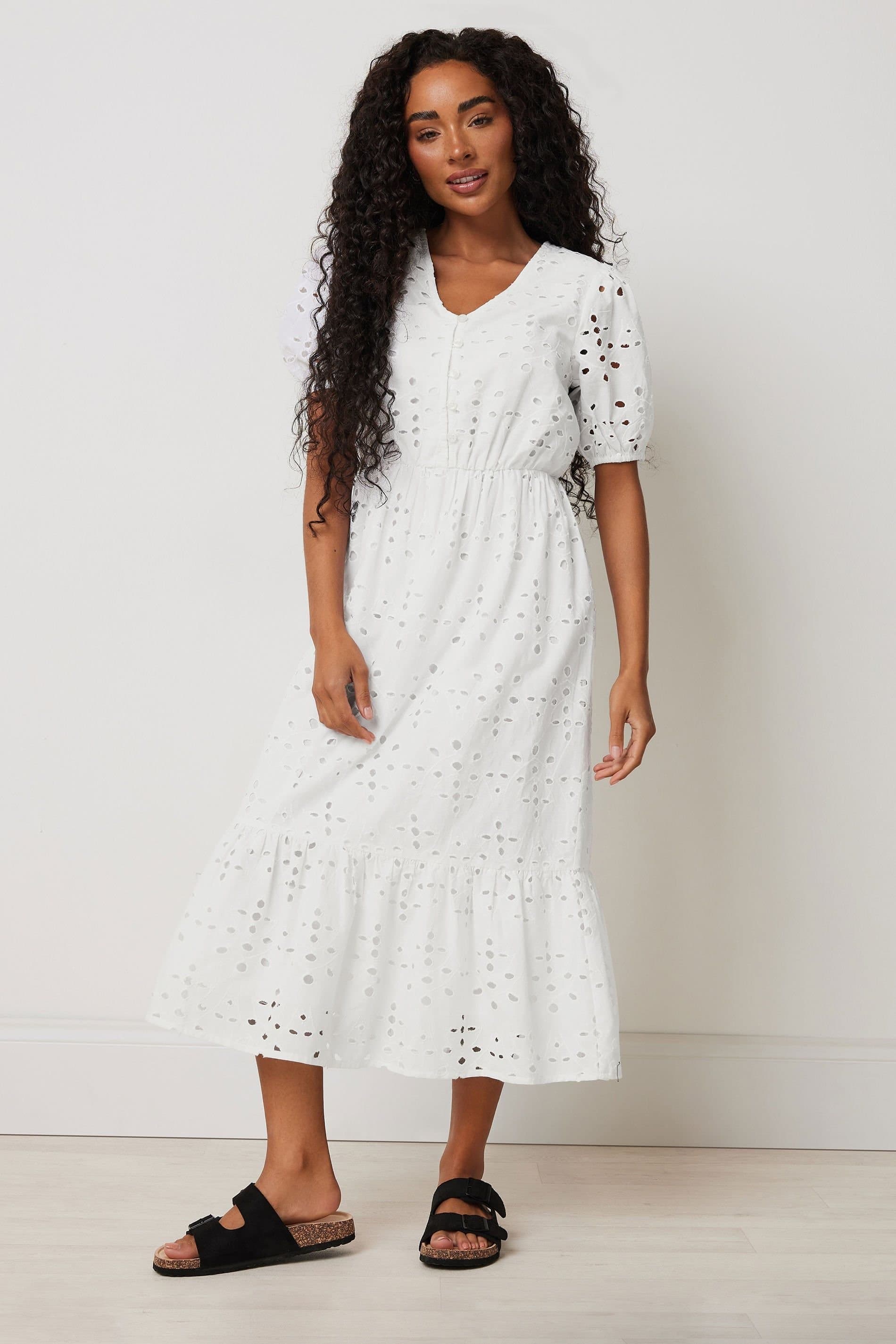 M&Co M&Co Women's Petite Broderie Tiered Dress in White