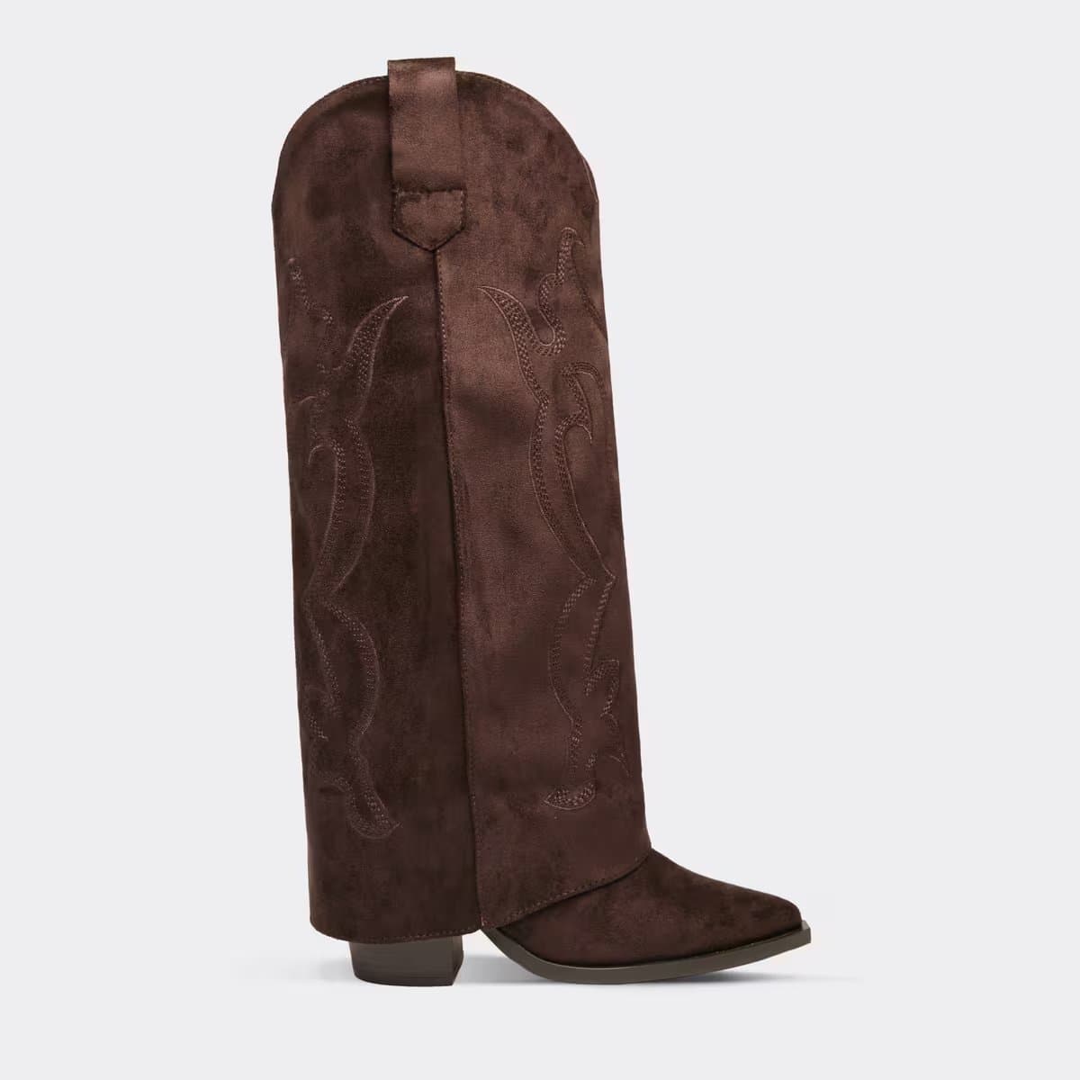 EGO Seville Embroidered Layered Detail Pointed Toe Knee High Western Cowboy Boot In Brown Faux Suede, Women's Size UK 3