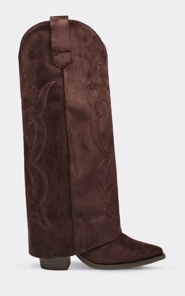 EGO Seville Embroidered Layered Detail Pointed Toe Knee High Western Cowboy Boot In Brown Faux Suede, Women's Size UK 3 - 2