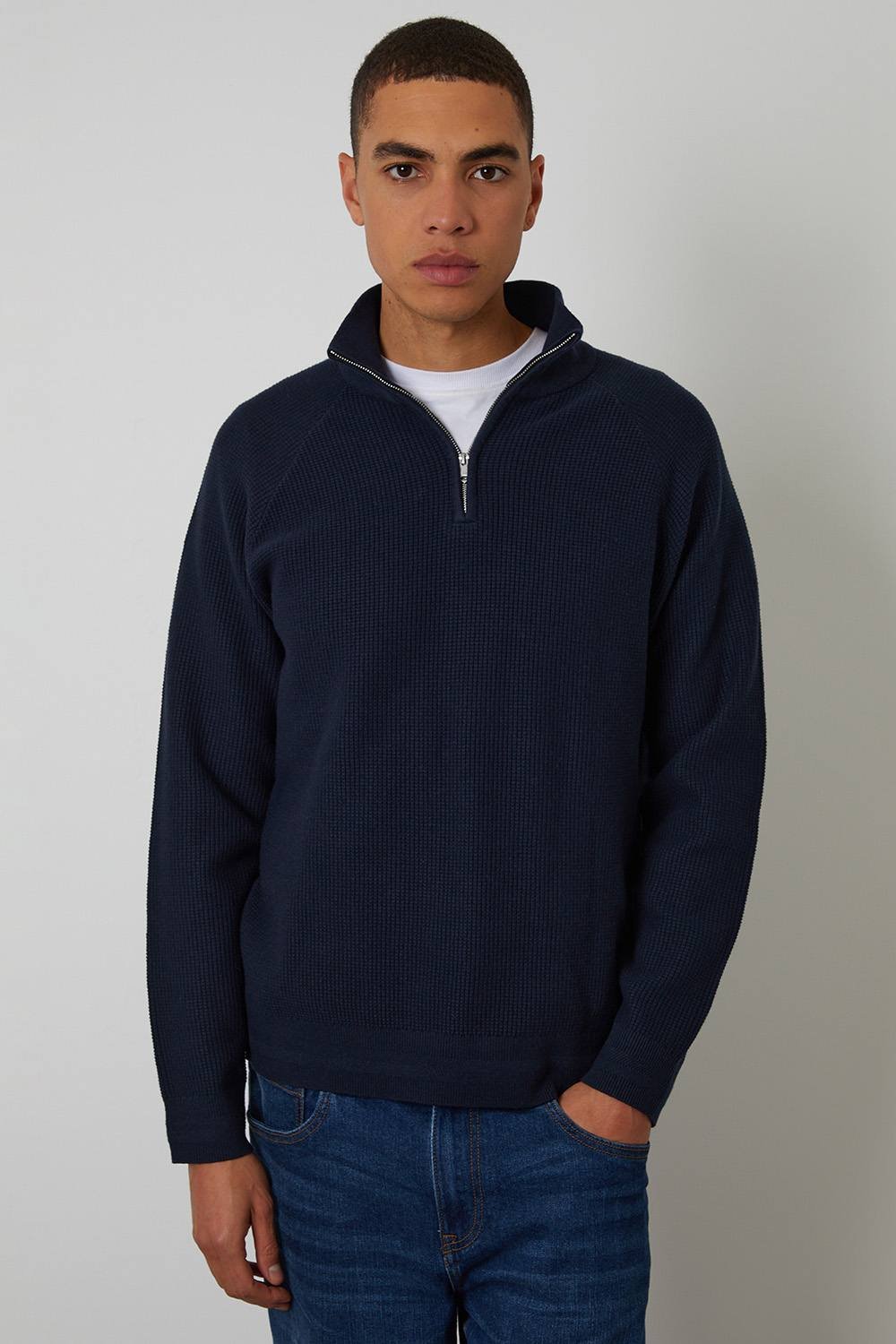 Threadbare Threadbare Men's Waffle Knit Raglan Quarter Zip Jumper in Navy - 2