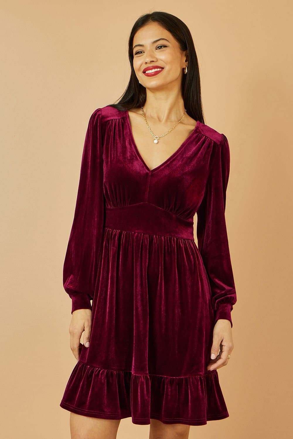 Yumi Yumi Women's Burgundy Velvet Long Sleeve Skater Dress