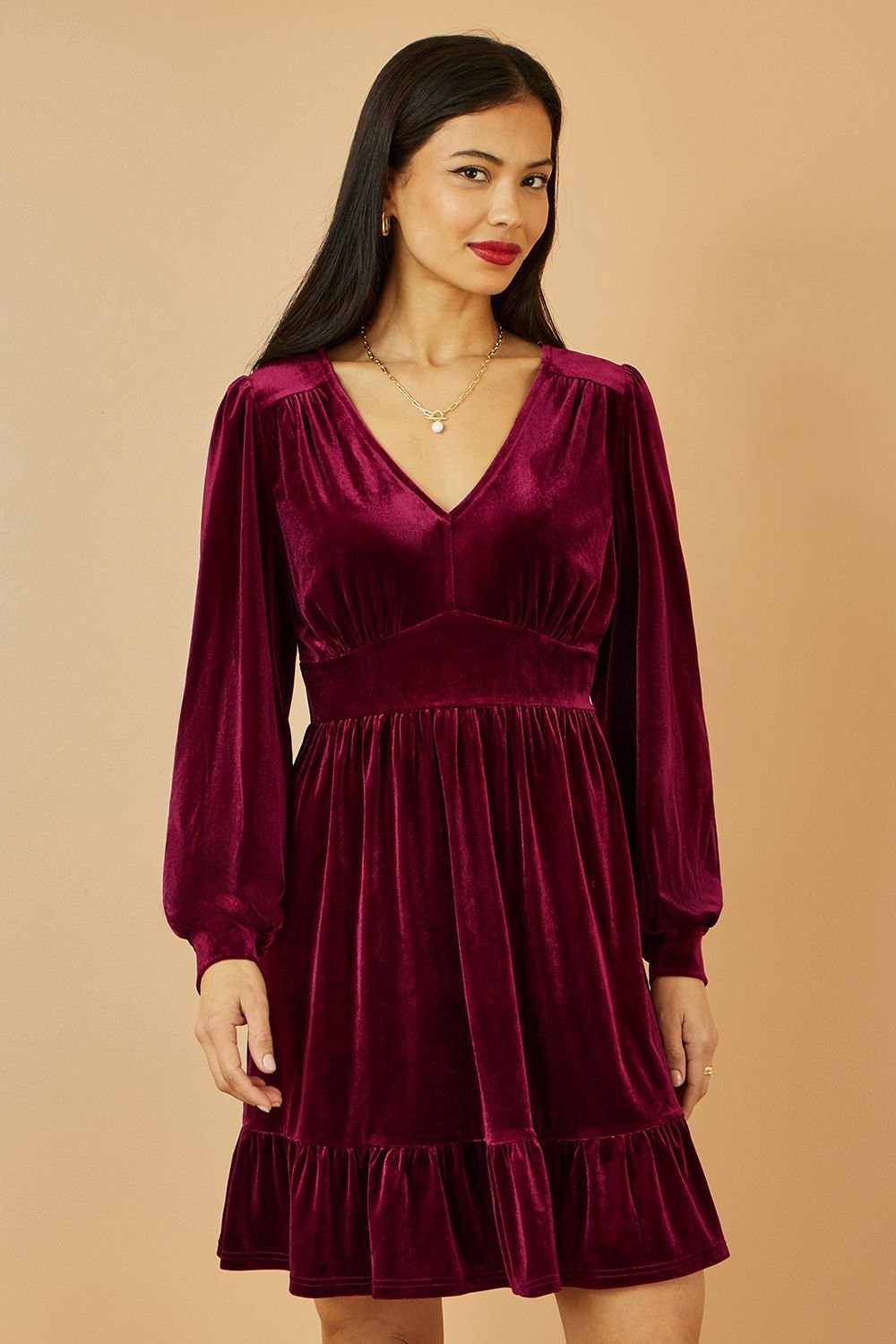 Yumi Yumi Women's Burgundy Velvet Long Sleeve Skater Dress - 2