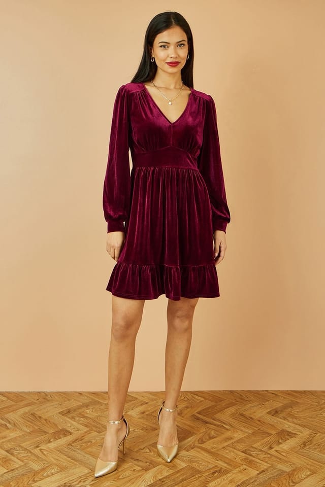 Yumi Yumi Women's Burgundy Velvet Long Sleeve Skater Dress - 3