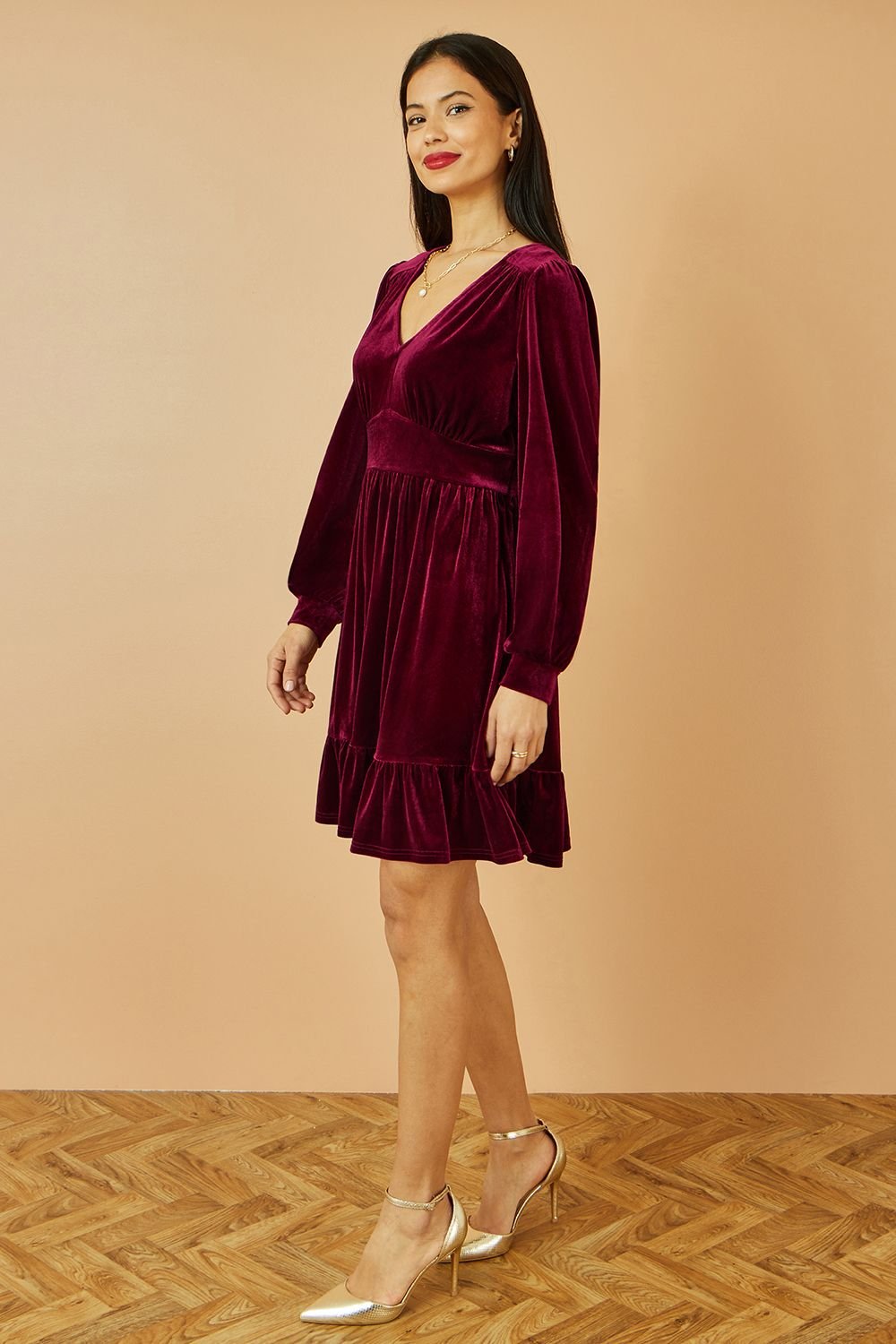 Yumi Yumi Women's Burgundy Velvet Long Sleeve Skater Dress - 4