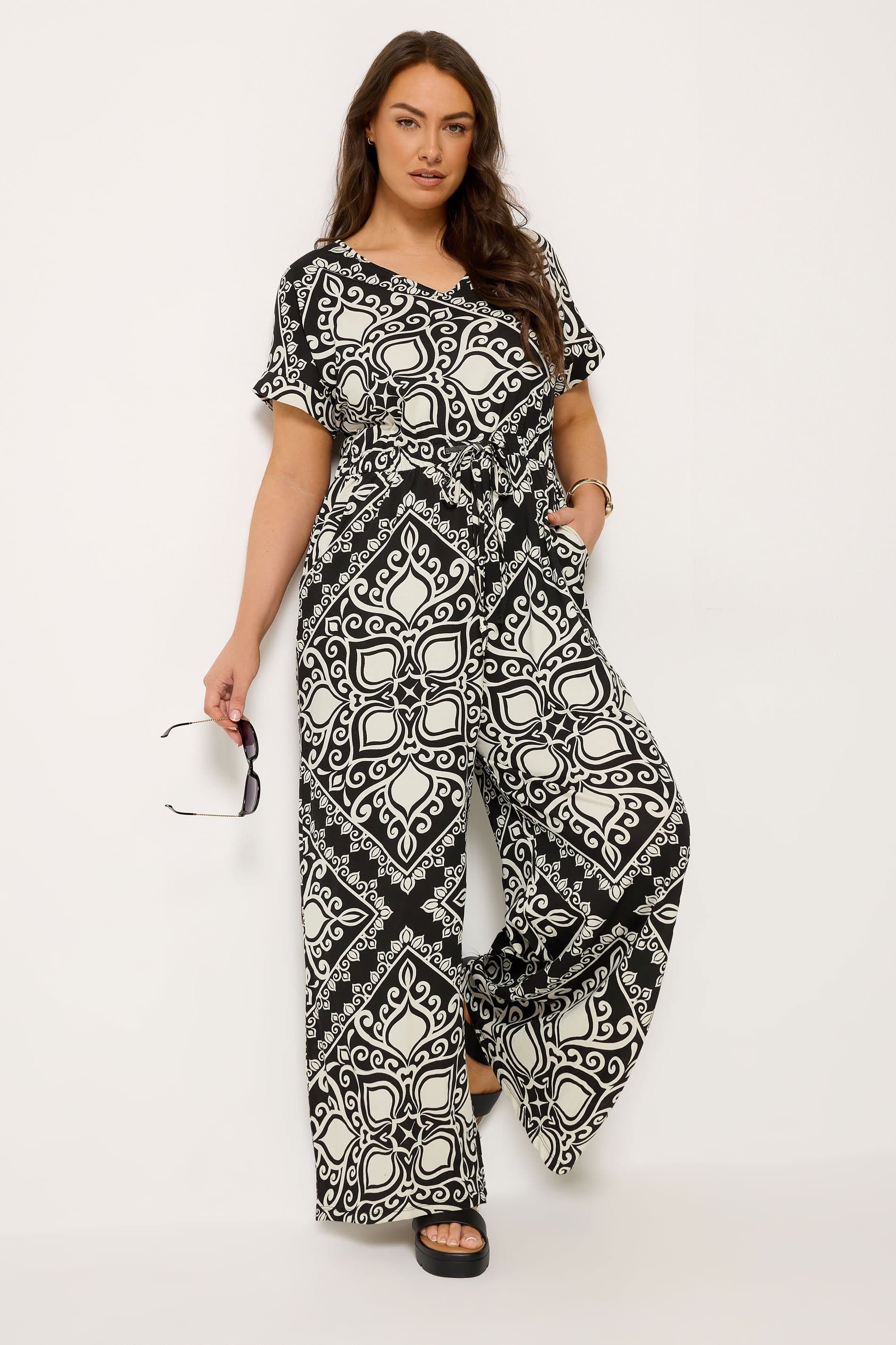 Yours Plus Size Black & White Paisley Print Wide Leg Jumpsuit