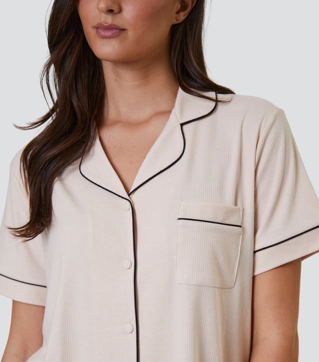 Loungeable Women's Cream Ribbed Shirt and Shorts Pyjama Set Loungeable New Look - 3