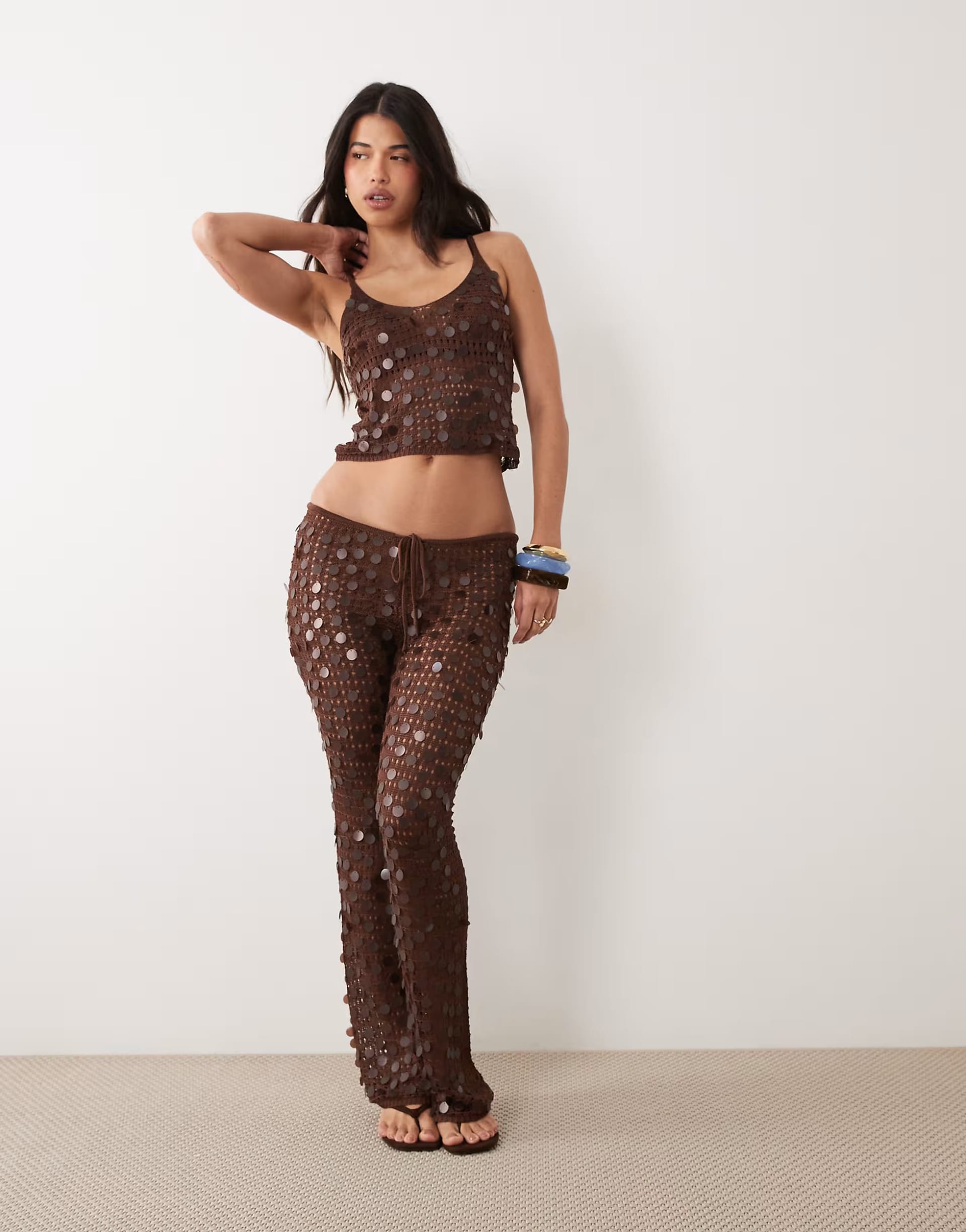 ASOS Chocolate Sequin Cami & Flare Trousers Co-ord