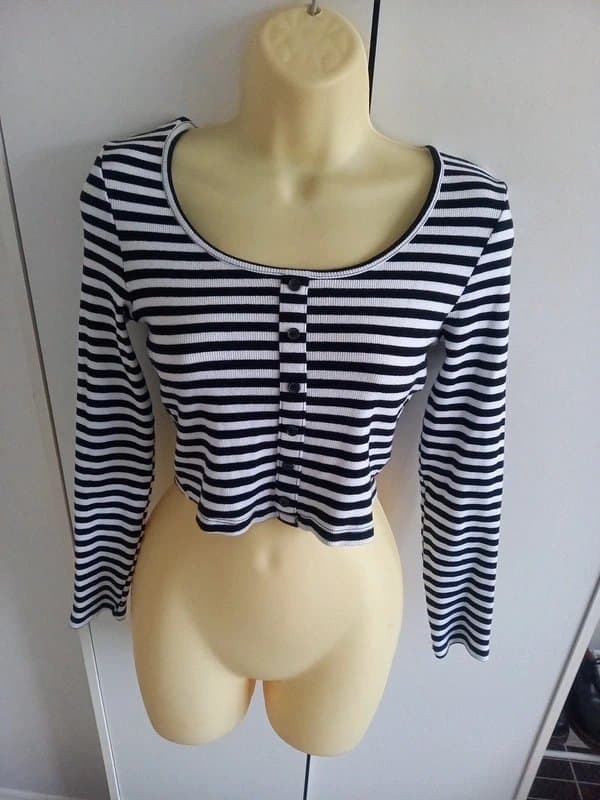 New Look Black white stripe New look button detail long sleeve top