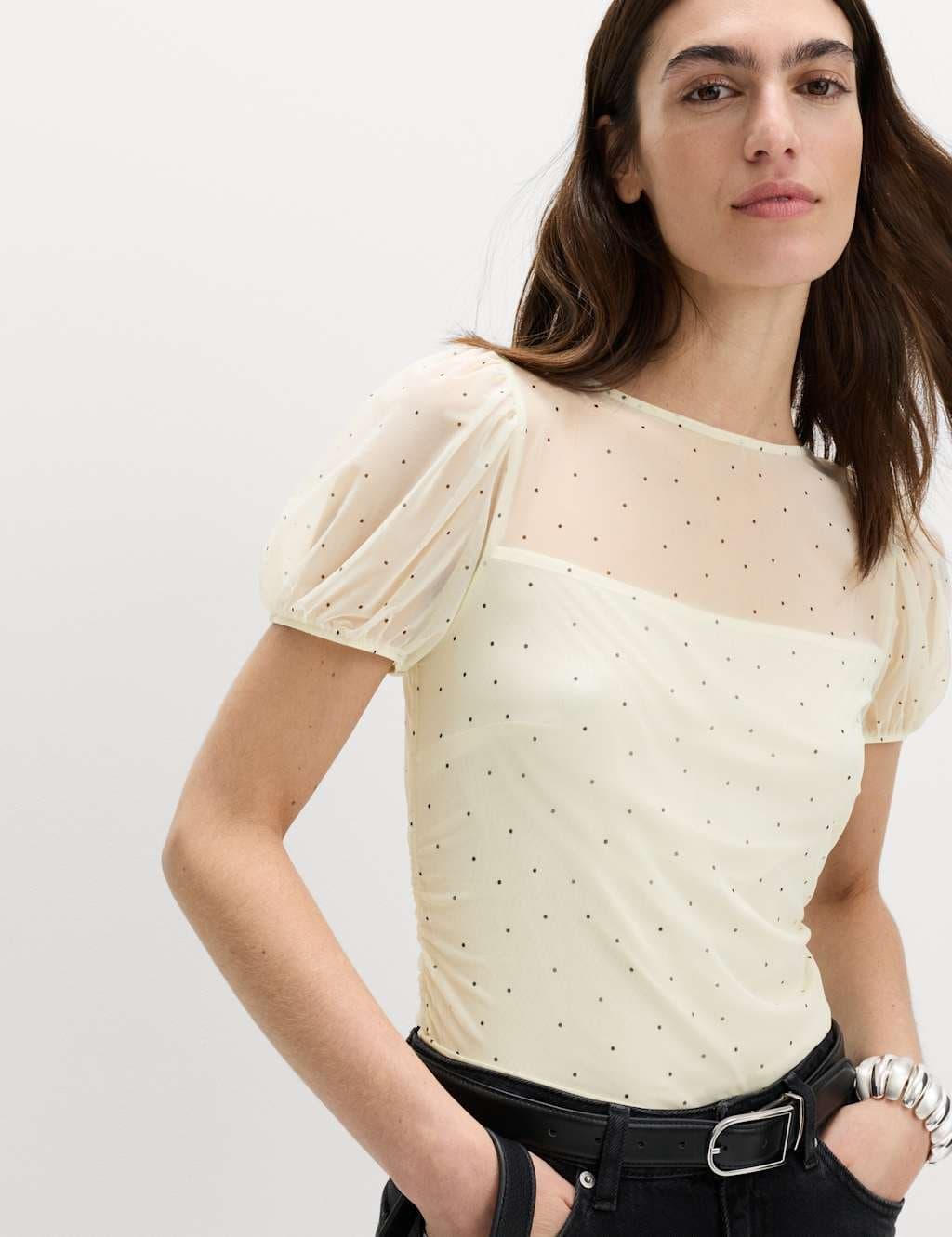 Marks & Spencer M&S Mesh Polka Dot Fitted Top Ivory Mix