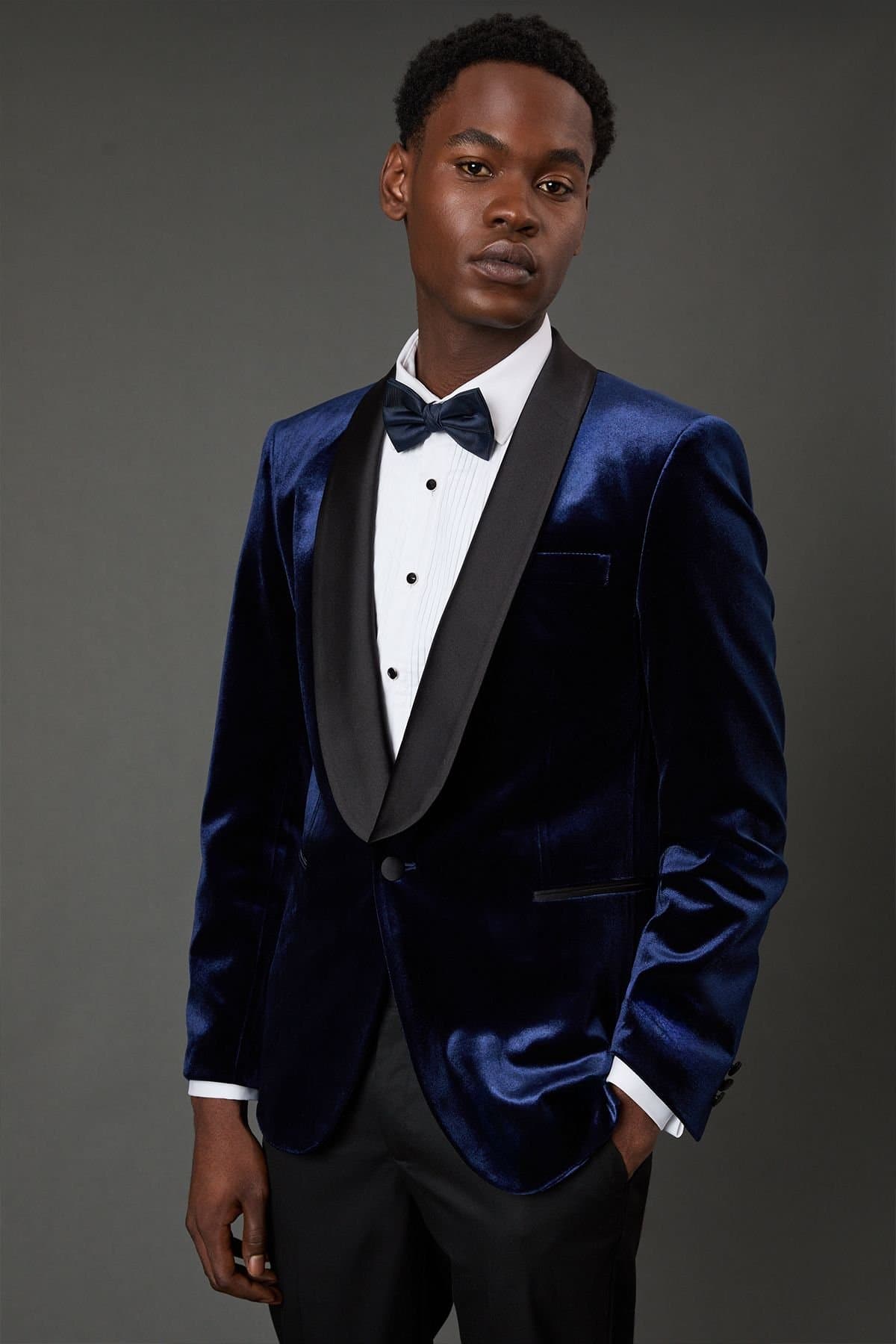 Burton Burton Men's Navy Wide Lapel Velvet Tailored Fit Tuxedo Jacket