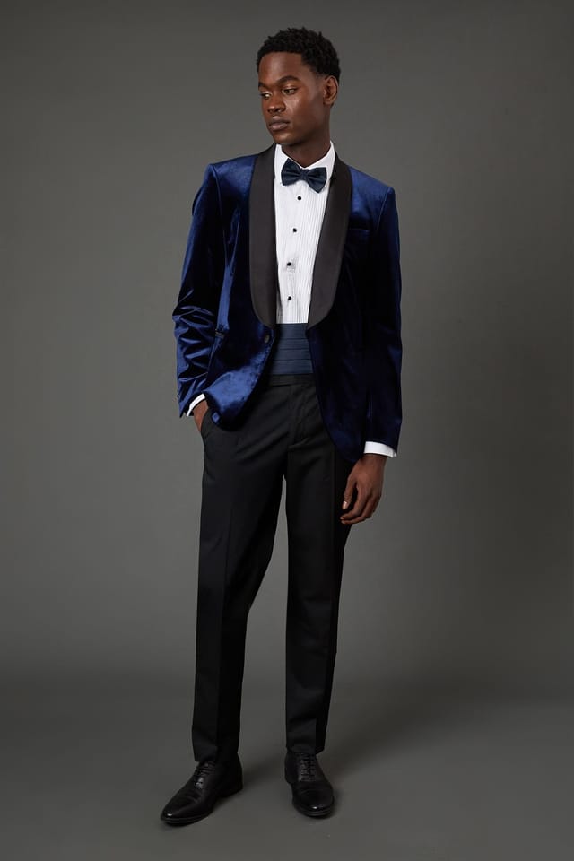 Burton Burton Men's Navy Wide Lapel Velvet Tailored Fit Tuxedo Jacket - 2