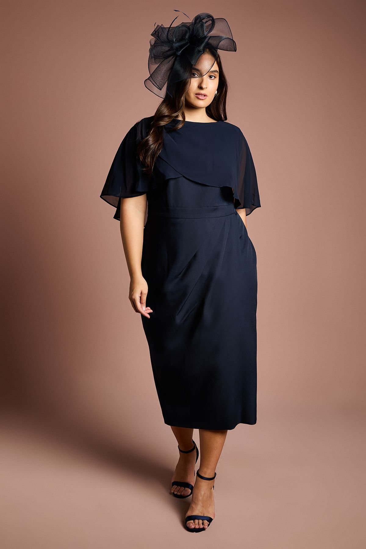 Coast Coast Women's Plus Chiffon Cape Pencil Dress in Navy