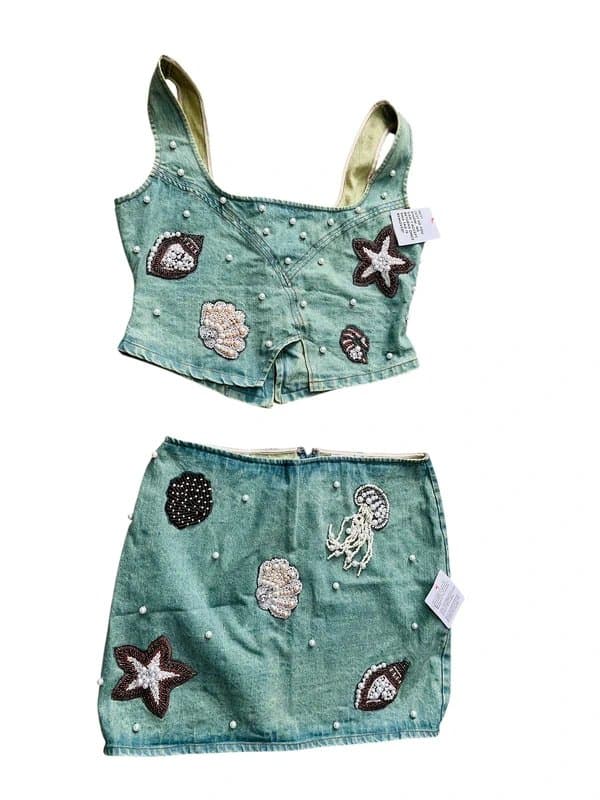 ASOS E. 7. ASOS. Size 16. Luxe Pearl Embellished Seascape denim co-ord. skirt and Top