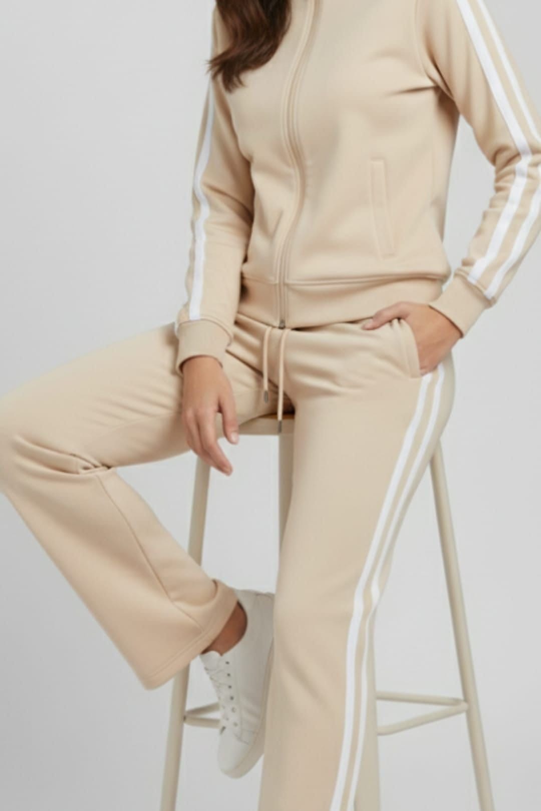 STYLEWISE STYLEWISE Women's Contrast Tape Tracktop & Jogger Set - Two Piece in Beige - 4