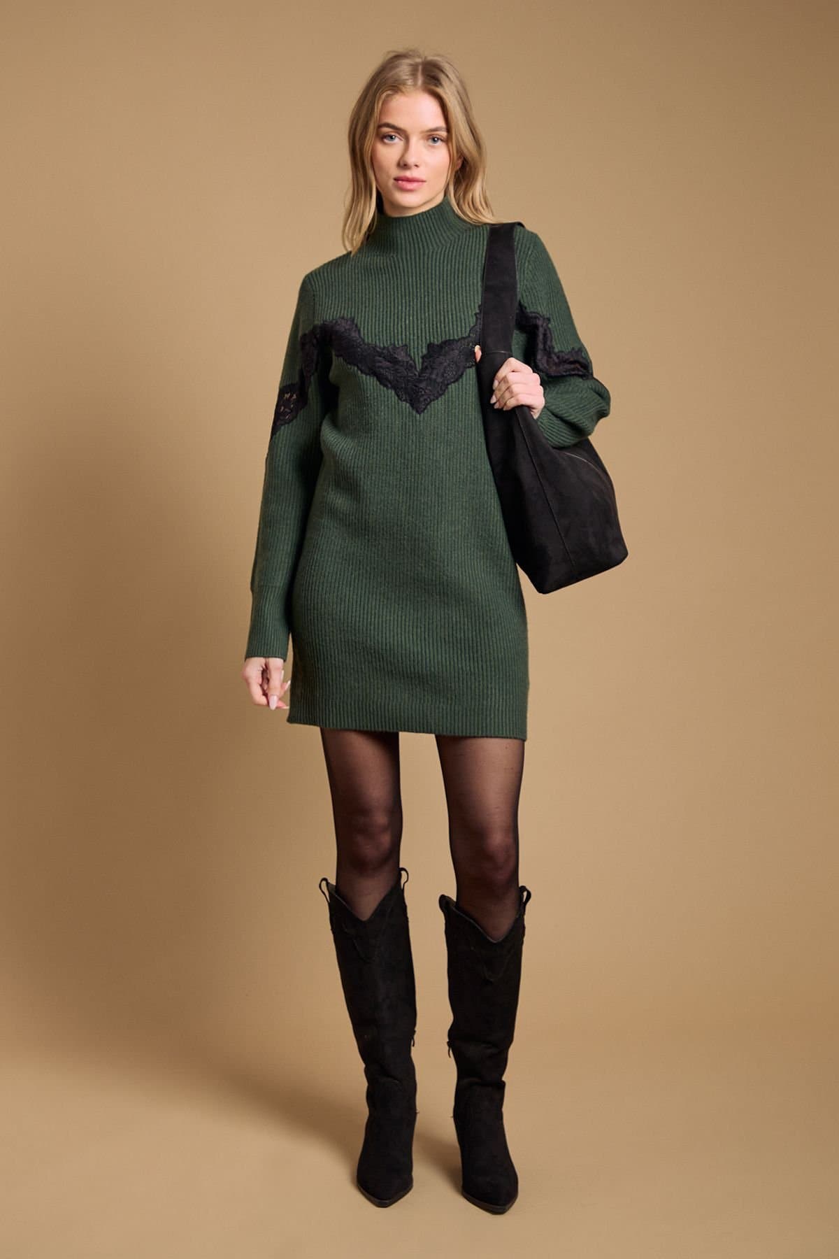 Oasis Oasis Women's Contrast Lace Stitch High Neck Knitted Mini Dress in Khaki