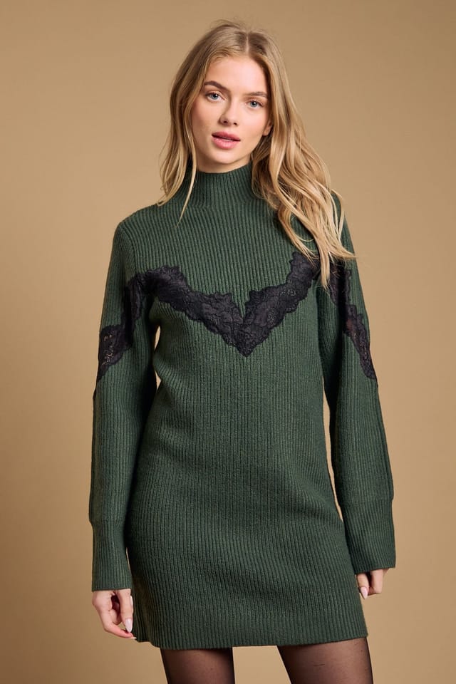 Oasis Oasis Women's Contrast Lace Stitch High Neck Knitted Mini Dress in Khaki - 2