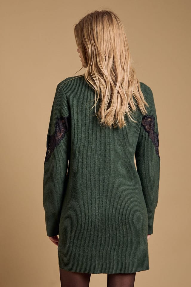 Oasis Oasis Women's Contrast Lace Stitch High Neck Knitted Mini Dress in Khaki - 3