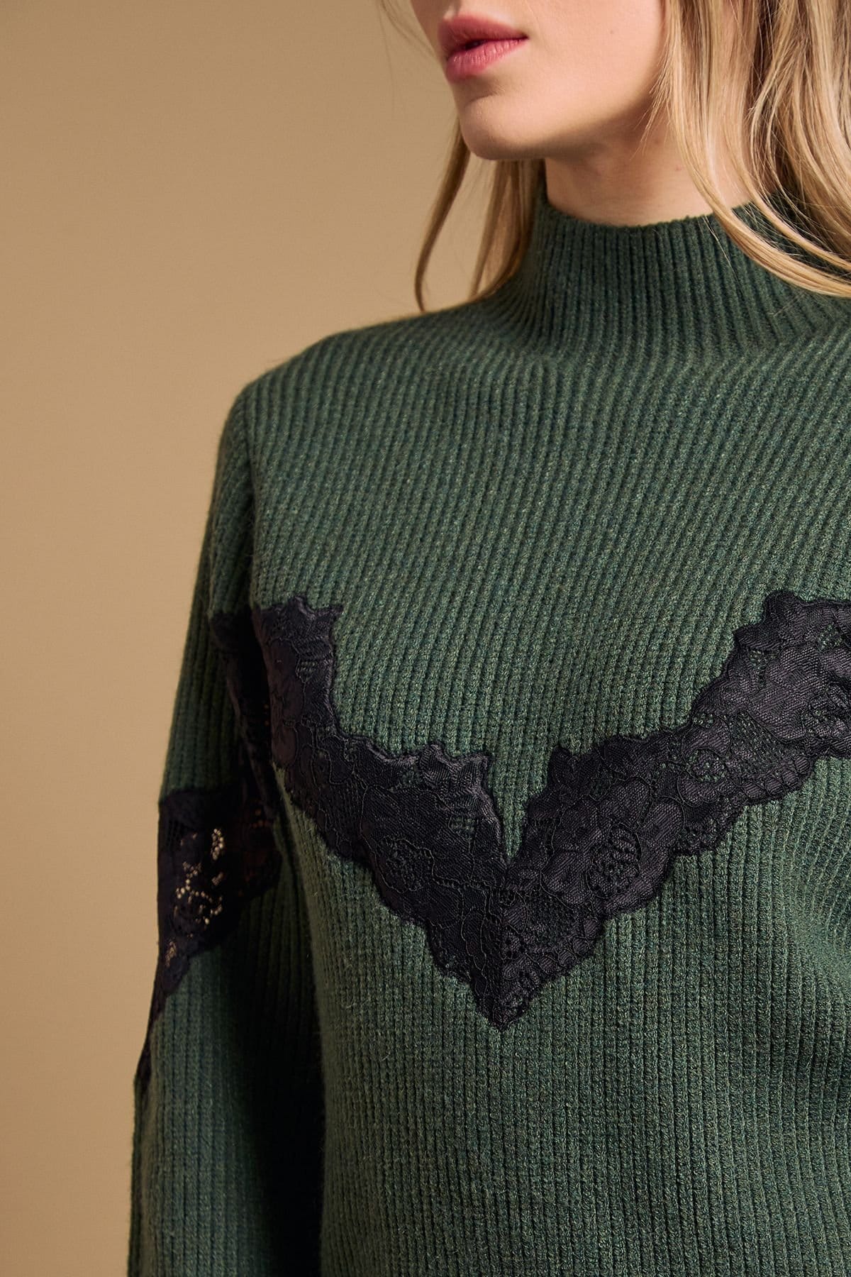 Oasis Oasis Women's Contrast Lace Stitch High Neck Knitted Mini Dress in Khaki - 4