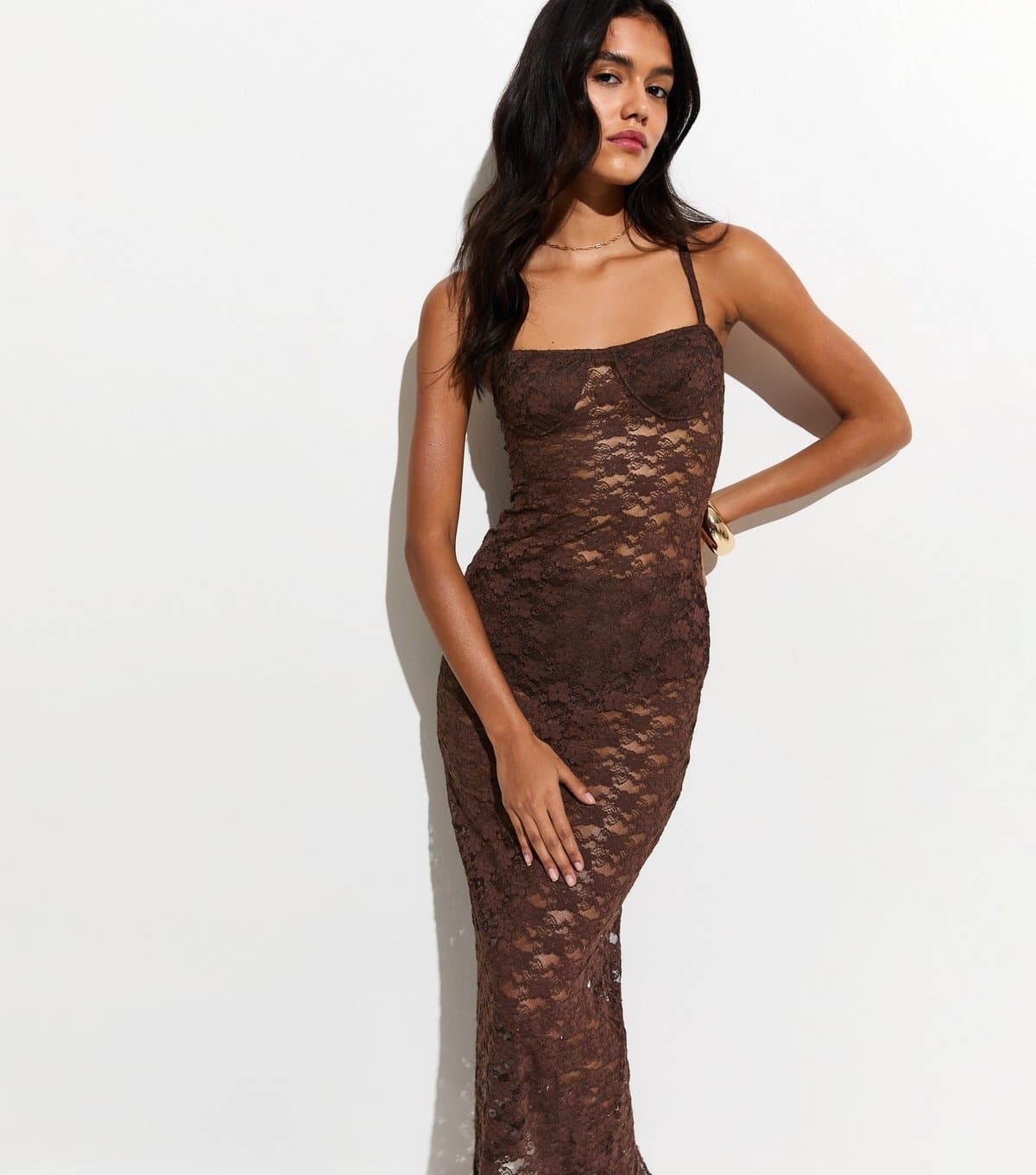 New Look Women's Dark Brown Semi Sheer Lace Beach Maxi Dress New Look