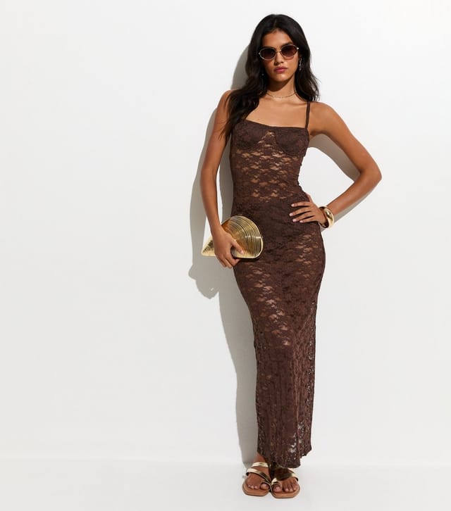 New Look Women's Dark Brown Semi Sheer Lace Beach Maxi Dress New Look - 3