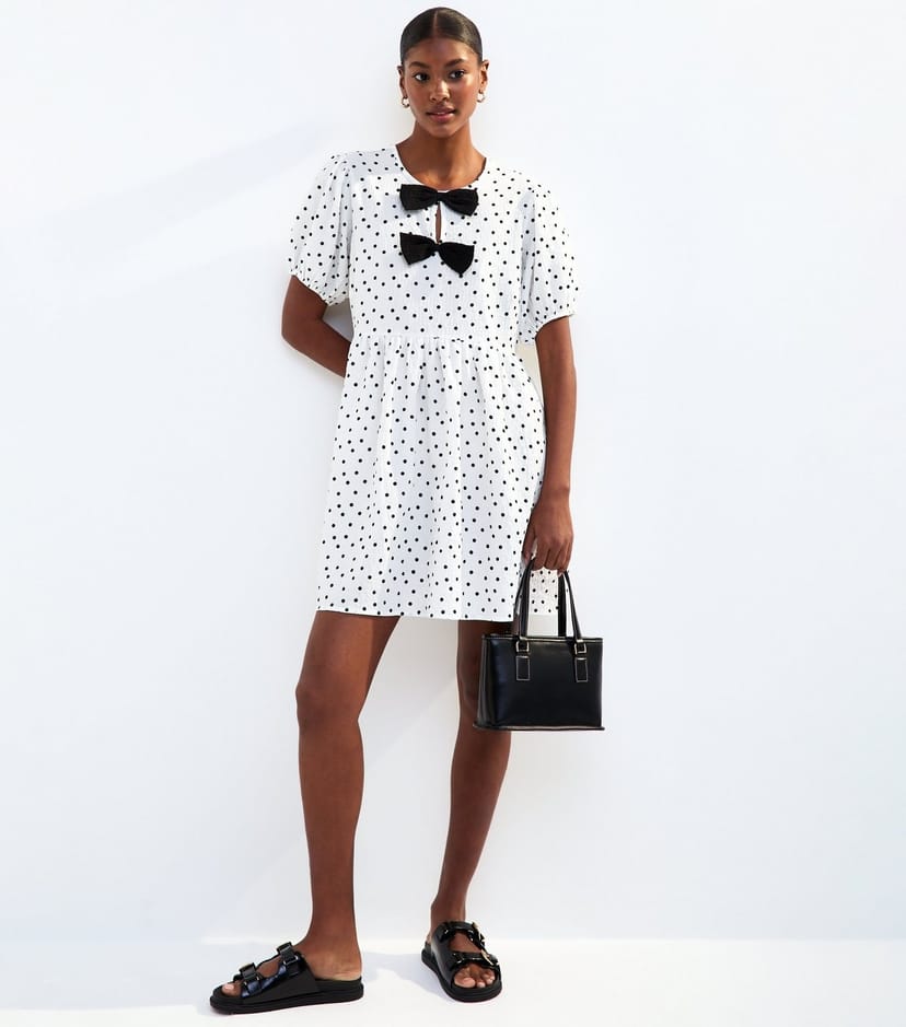 New Look Women's White Spot Print Bow Trim Mini Dress New Look - 1