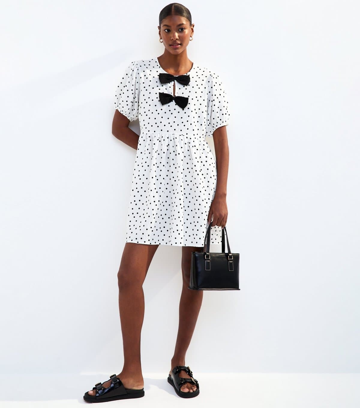 New Look Women's White Spot Print Bow Trim Mini Dress New Look