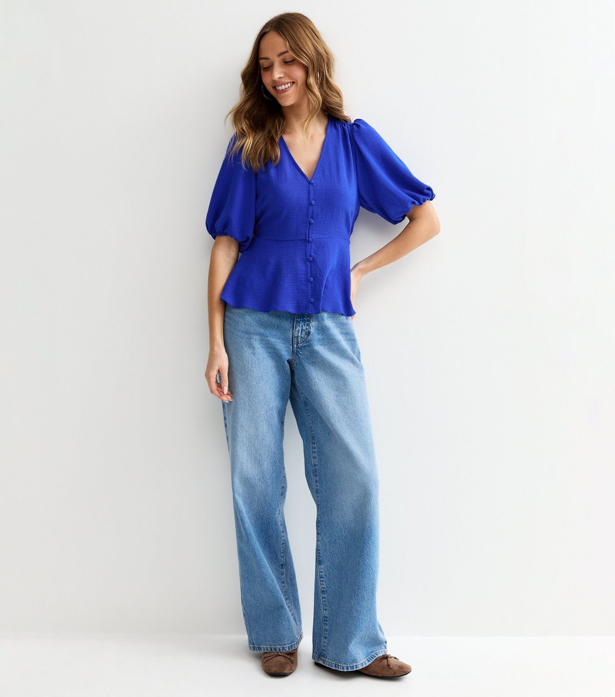 New Look Women's Blue Buttoned Puff Sleeve Tea Blouse New Look - 3