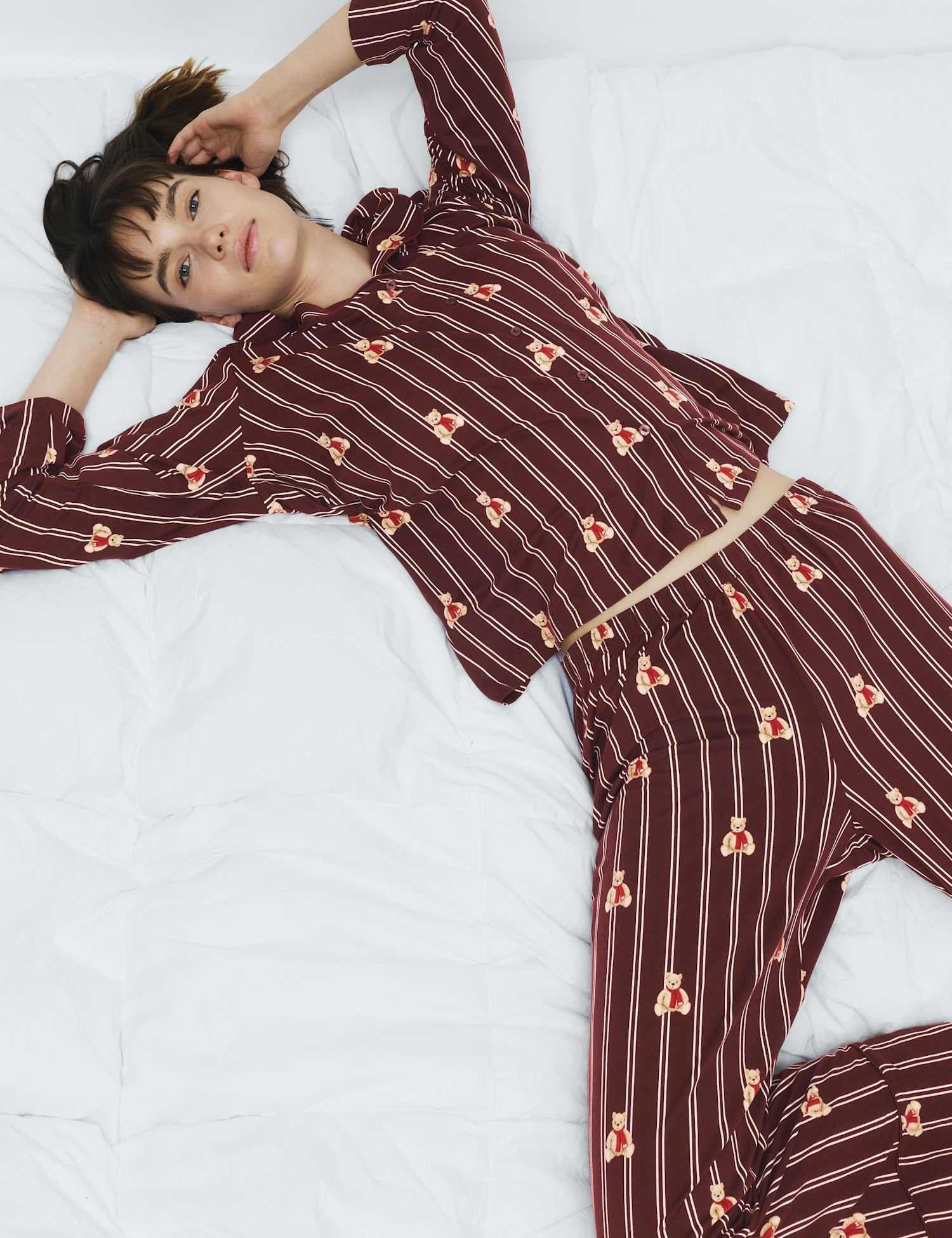 Marks & Spencer M&S Spencer Bear™ Striped Christmas Family Pyjamas Burgundy Mix