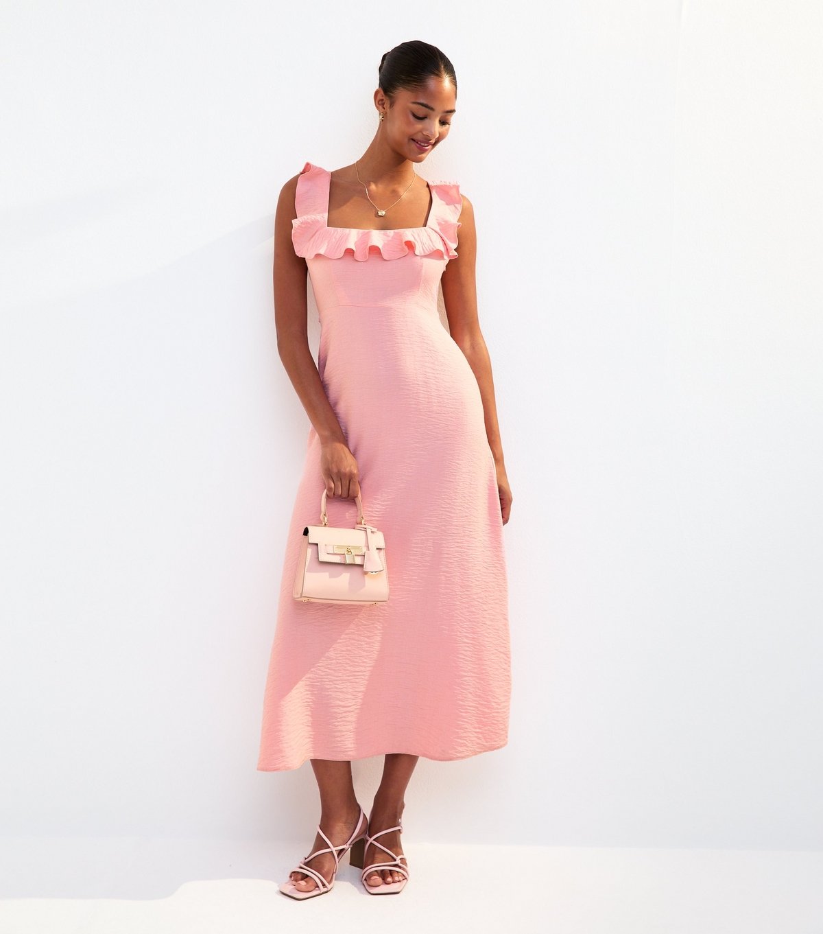 New Look Women's Pink Ruffle Trim Square Neck Midi Dress New Look - 2