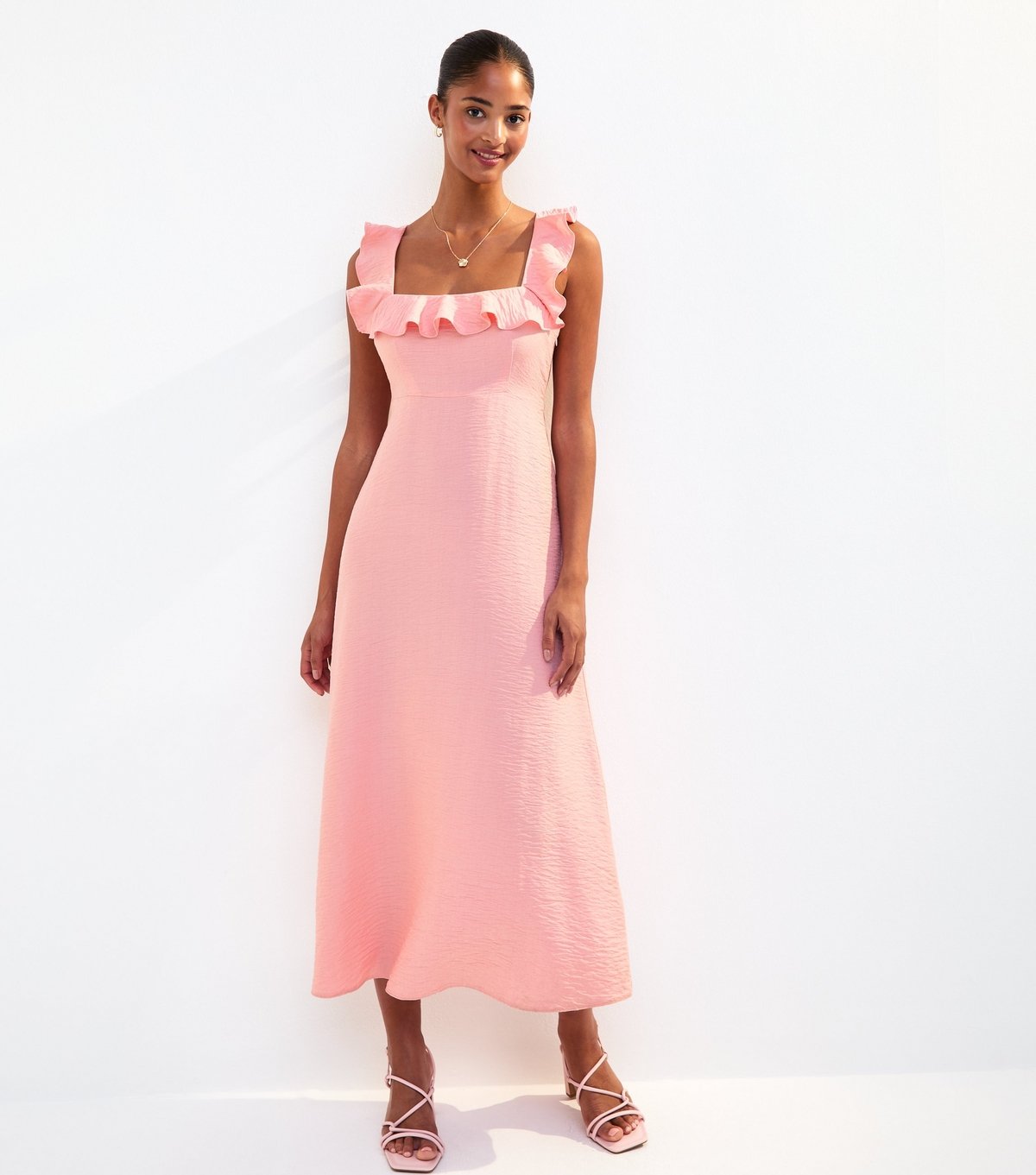 New Look Women's Pink Ruffle Trim Square Neck Midi Dress New Look - 3