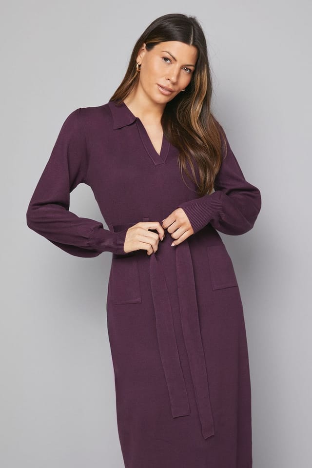 Wallis Wallis Women's Collared Belted Midi Dress in Aubergine - 2