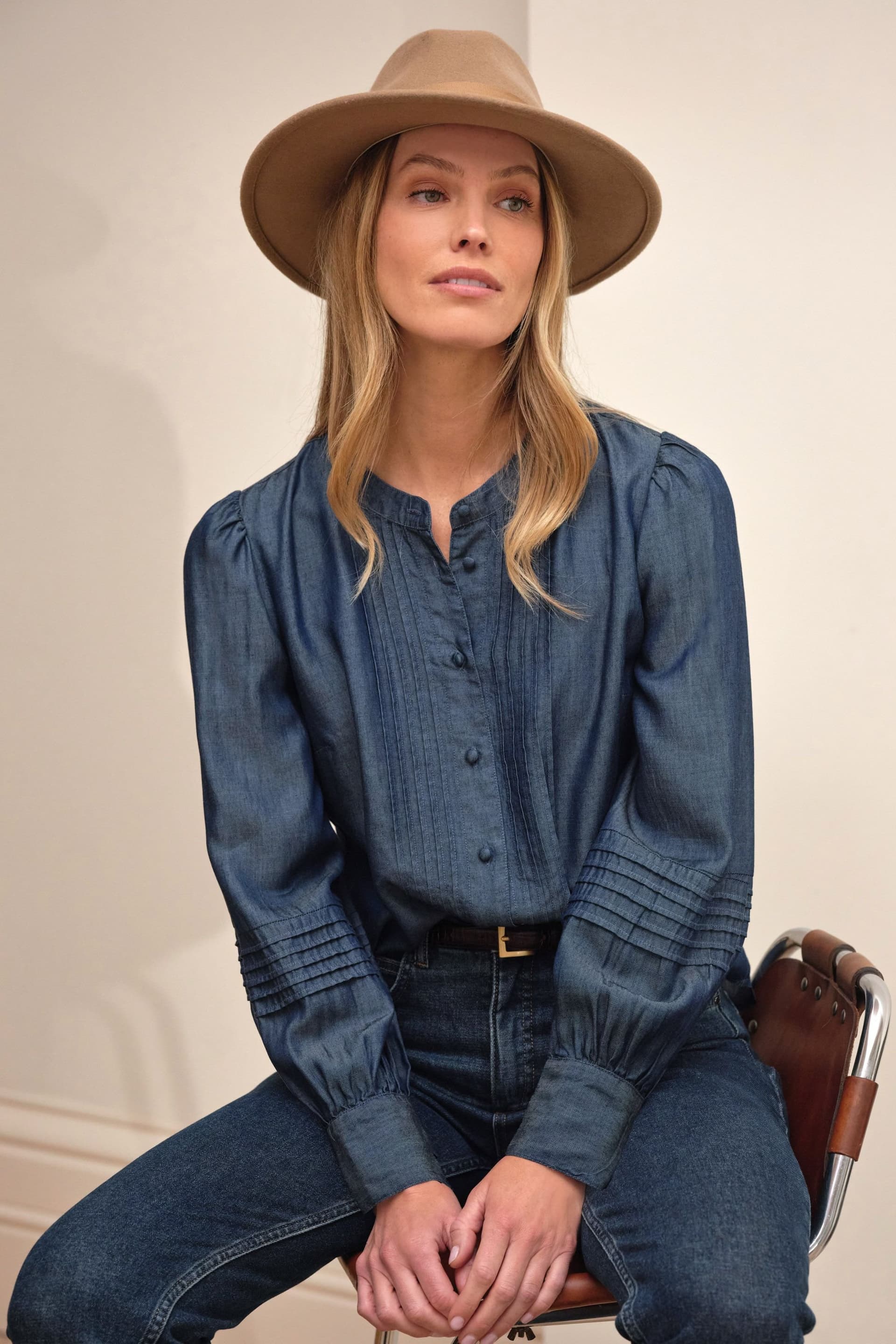 Pure Collection Pure Collection Women's Tencel Collarless Pleated Blouse in Blue