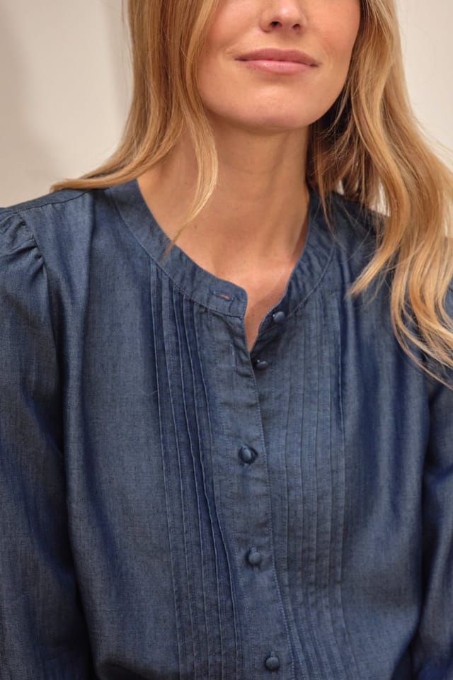 Pure Collection Pure Collection Women's Tencel Collarless Pleated Blouse in Blue - 2